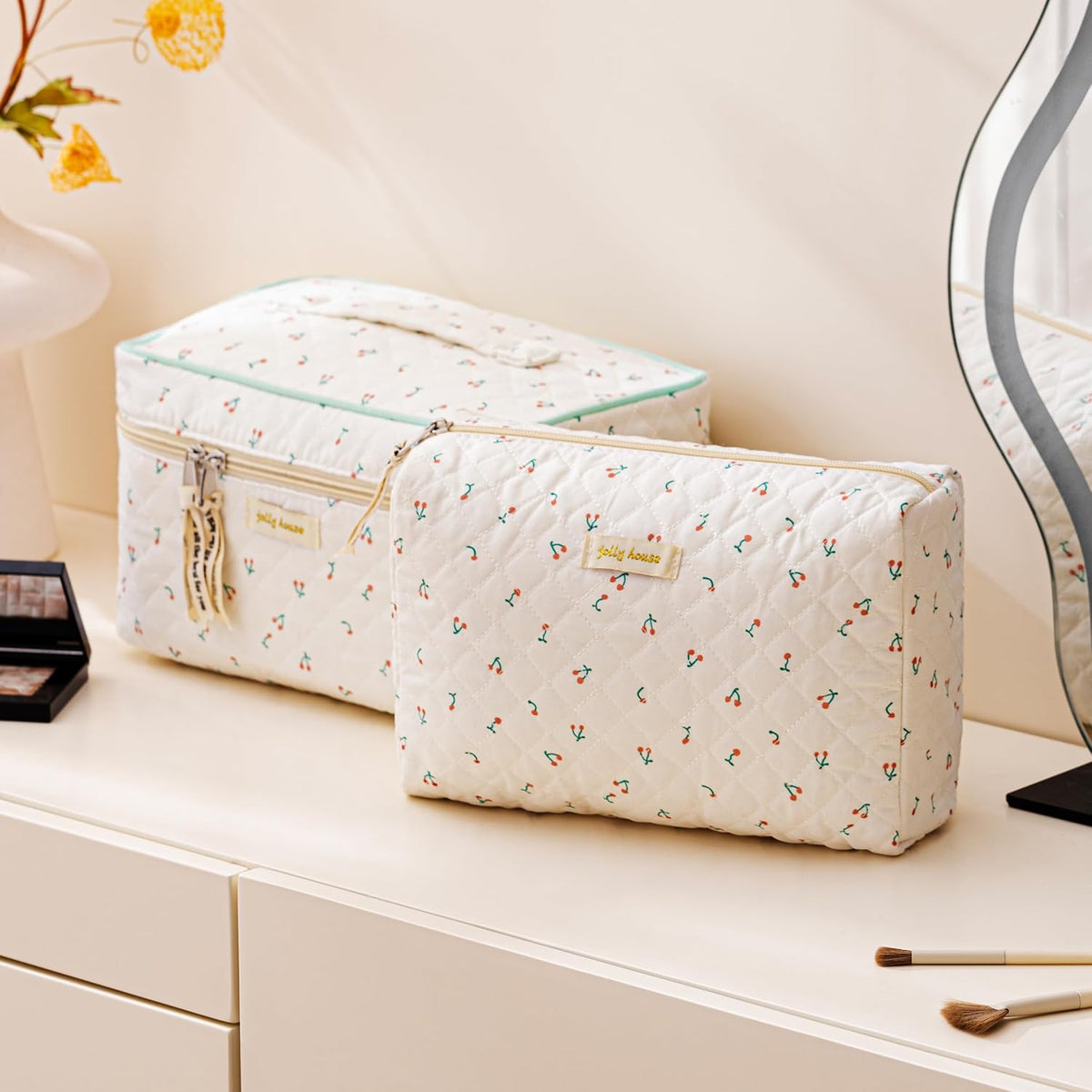 HBselect Quilted Makeup Bag, 3Pcs Cotton Large Travel Makeup Bags Organizer