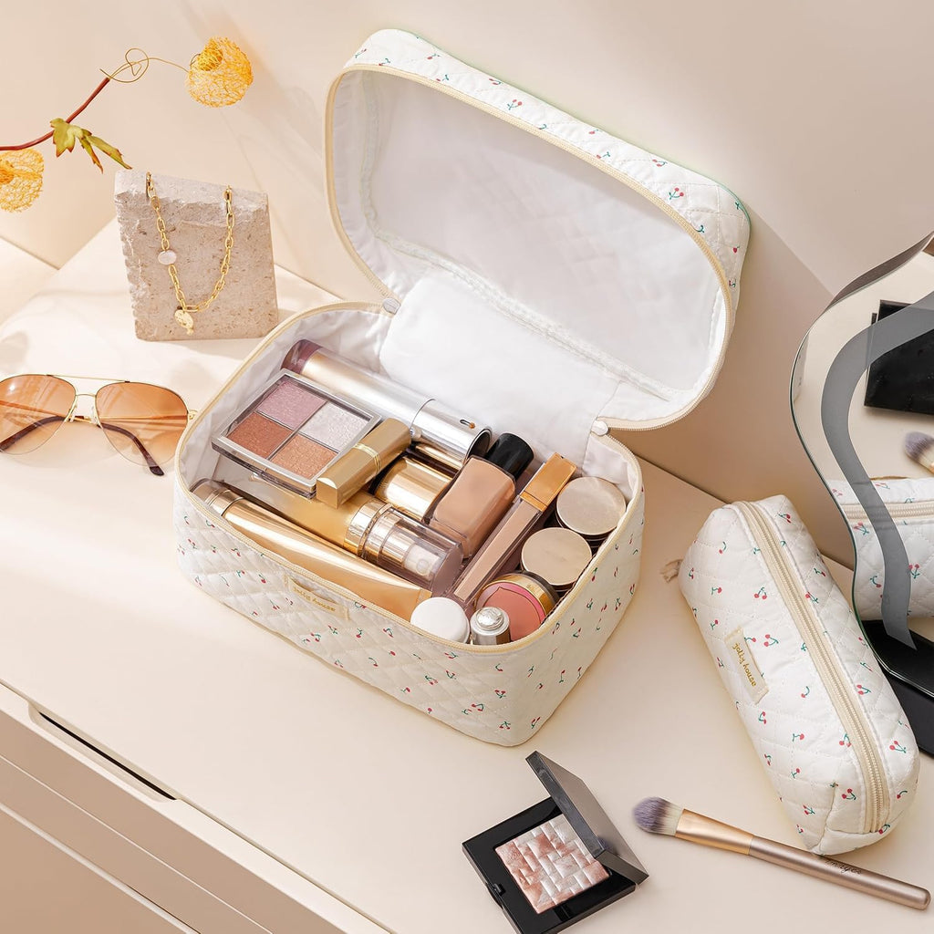 HBselect Quilted Makeup Bag, 3Pcs Cotton Large Travel Makeup Bags Organizer
