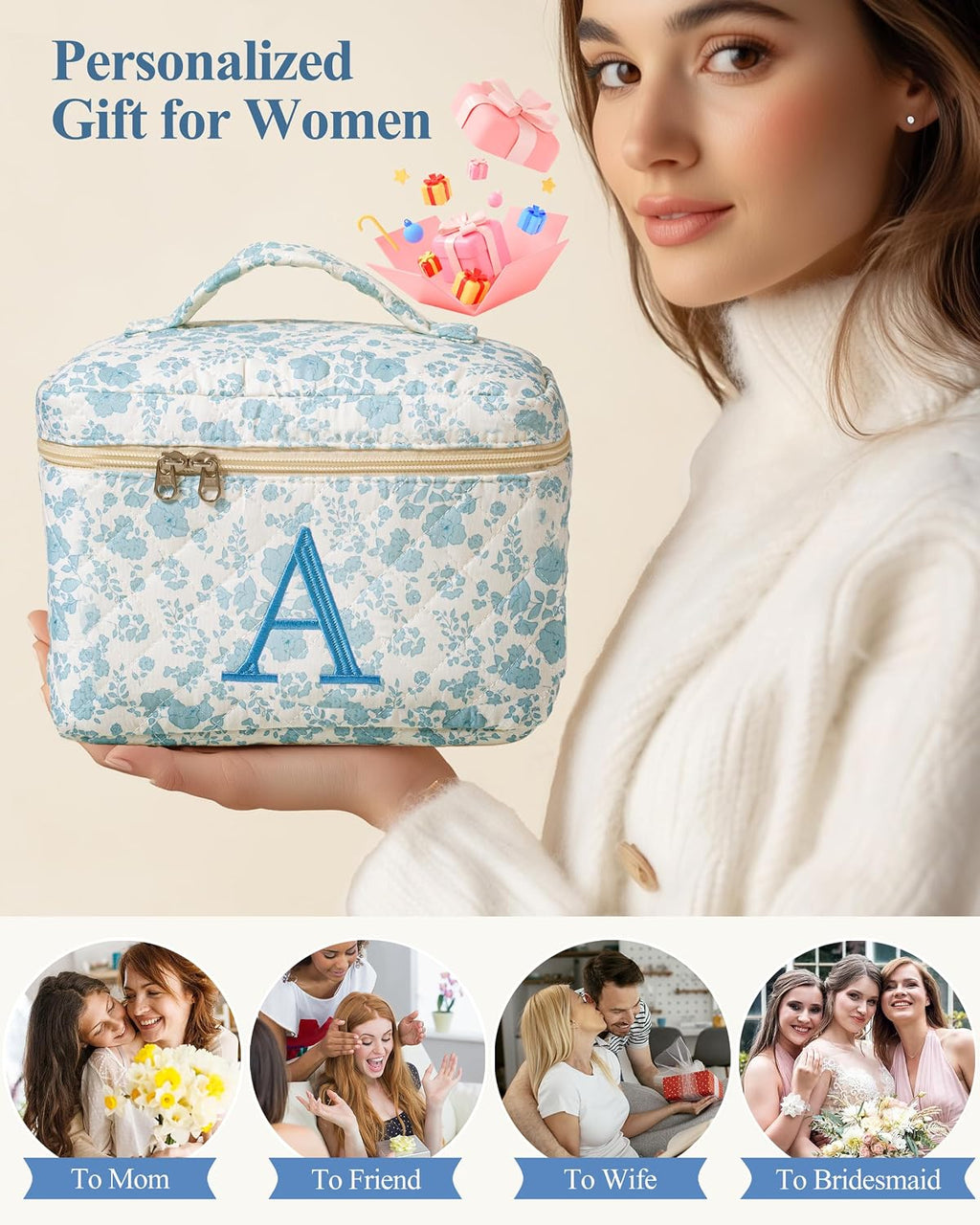 HBselect Initial Makeup Bag for Women Personalized Quilted Cosmetic Bag