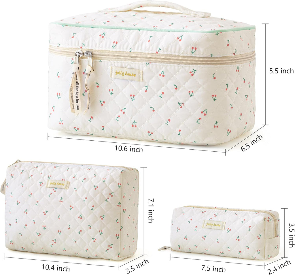 HBselect Quilted Makeup Bag, 3Pcs Cotton Large Travel Makeup Bags Organizer