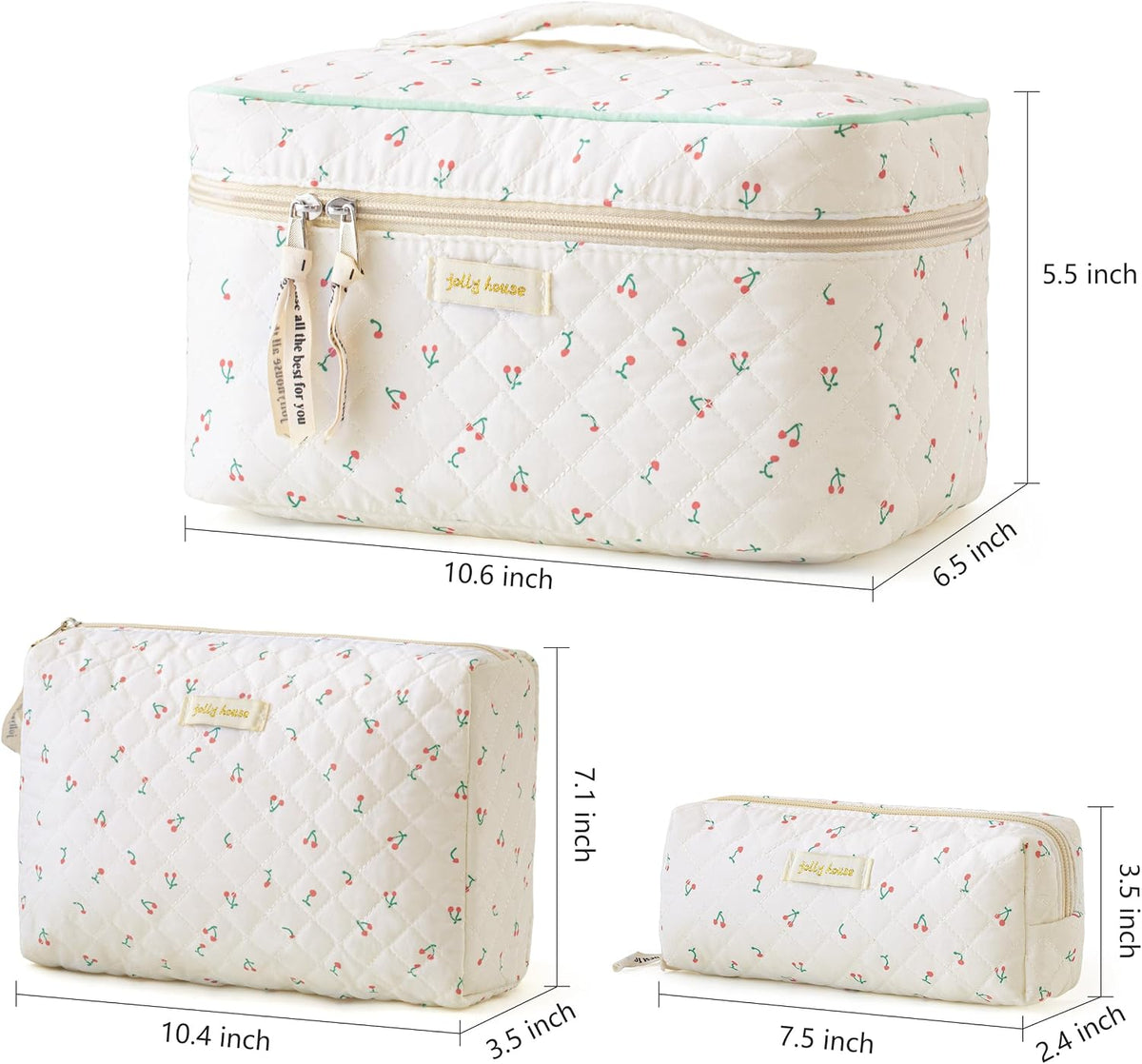 HBselect Quilted Makeup Bag, 3Pcs Cotton Large Travel Makeup Bags Organizer