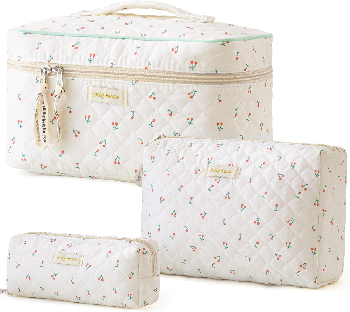 HBselect Quilted Makeup Bag, 3Pcs Cotton Large Travel Makeup Bags Organizer