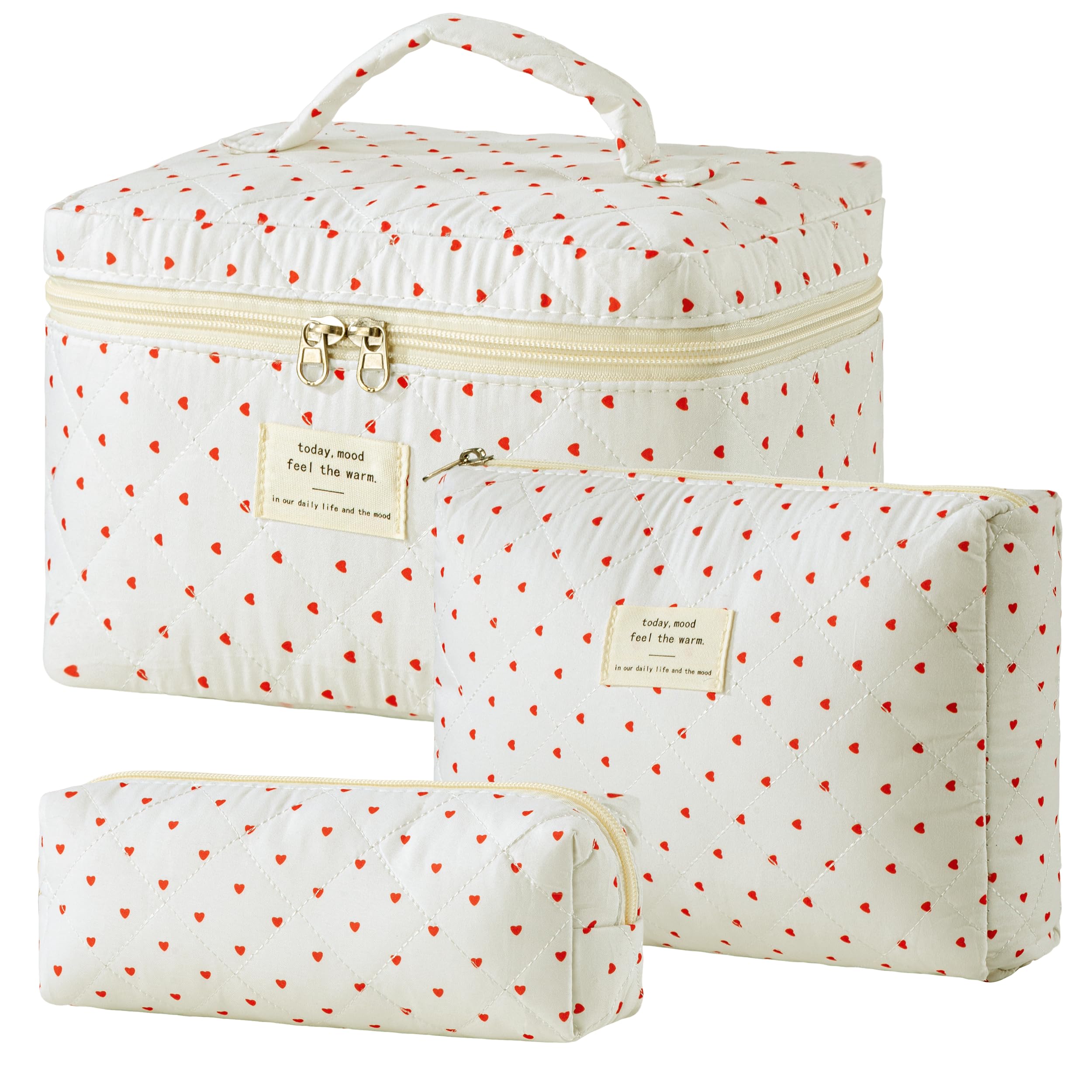 HBselect Quilted Makeup Bag, 3Pcs Cotton Large Travel Makeup Bags Organizer