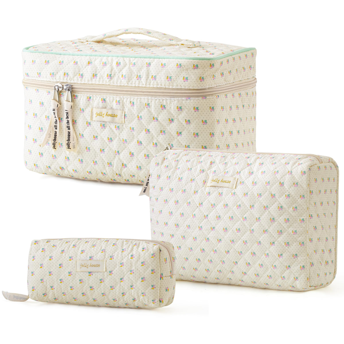 HBselect Quilted Makeup Bag, 3Pcs Cotton Large Travel Makeup Bags Organizer
