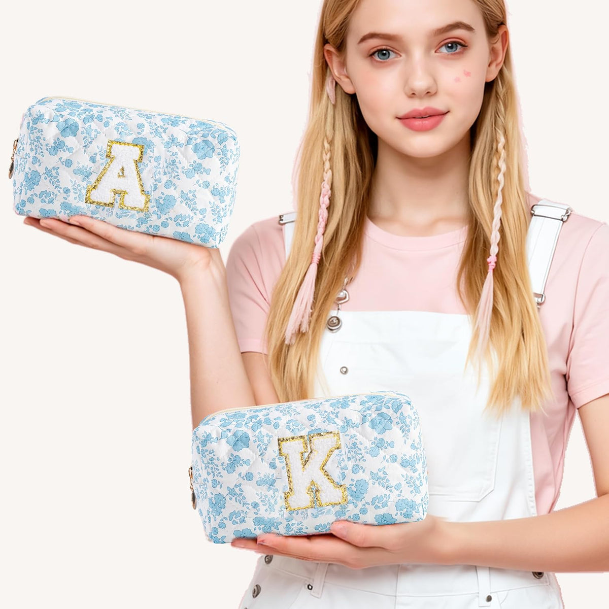 HBselect Personalized Makeup Bag for Women Initial Quilted Toiletry Bag