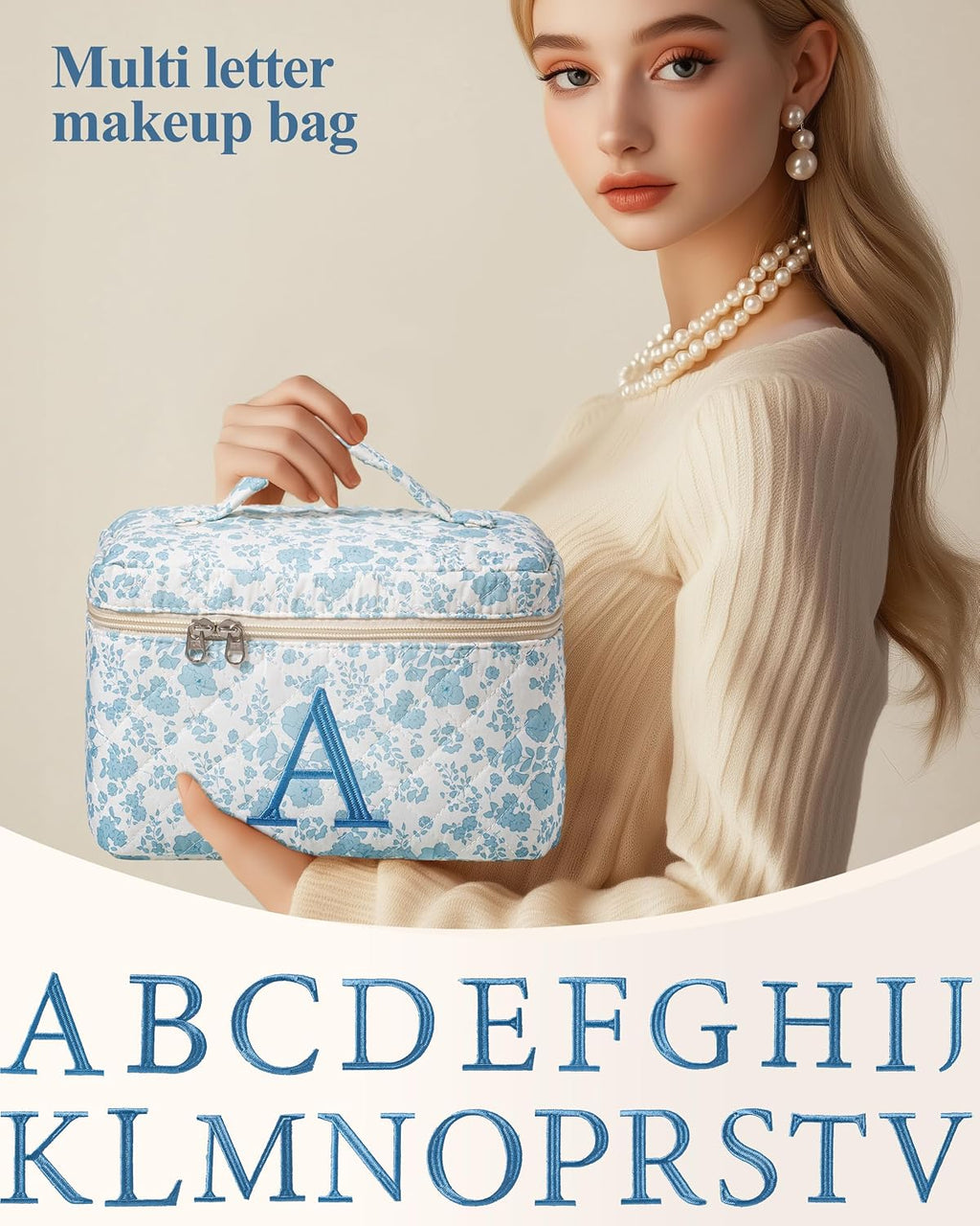 HBselect Initial Makeup Bag for Women Personalized Quilted Cosmetic Bag
