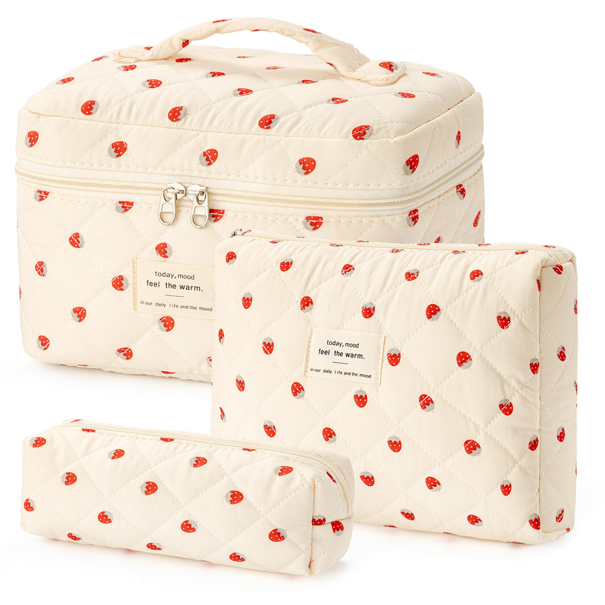 HBselect Quilted Makeup Bag, 3Pcs Cotton Large Travel Makeup Bags Organizer