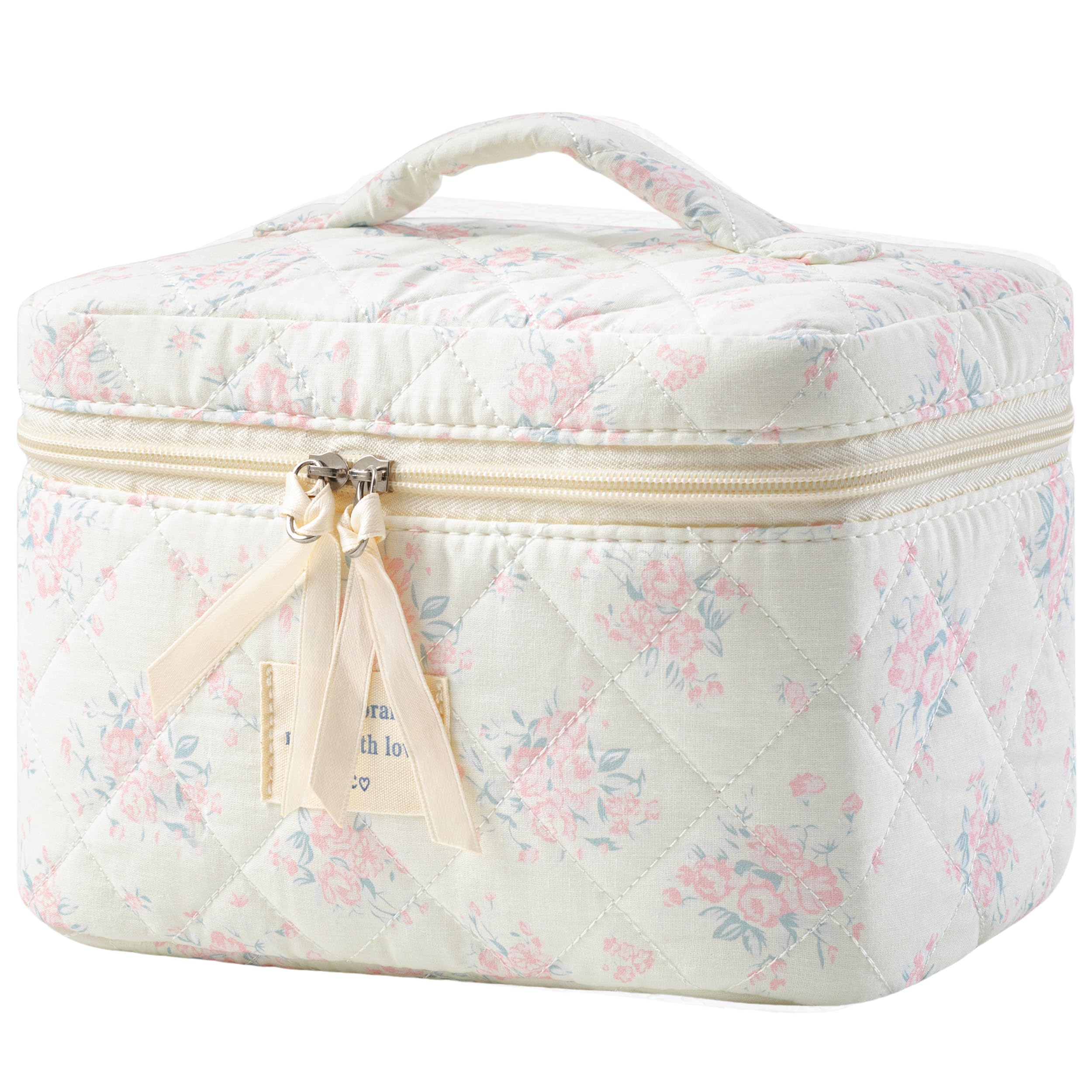 HBselect Large Quilted Makeup Bag for Women Cute Cotton Travel Cosmetic Bag