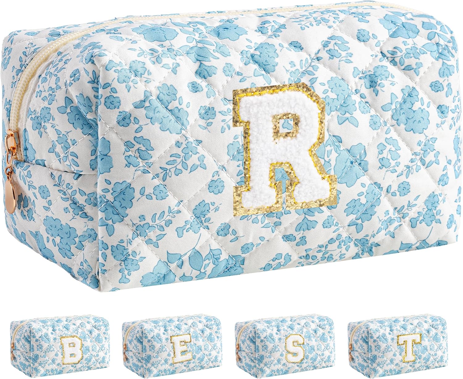 HBselect Personalized Makeup Bag for Women Initial Quilted Toiletry Bag