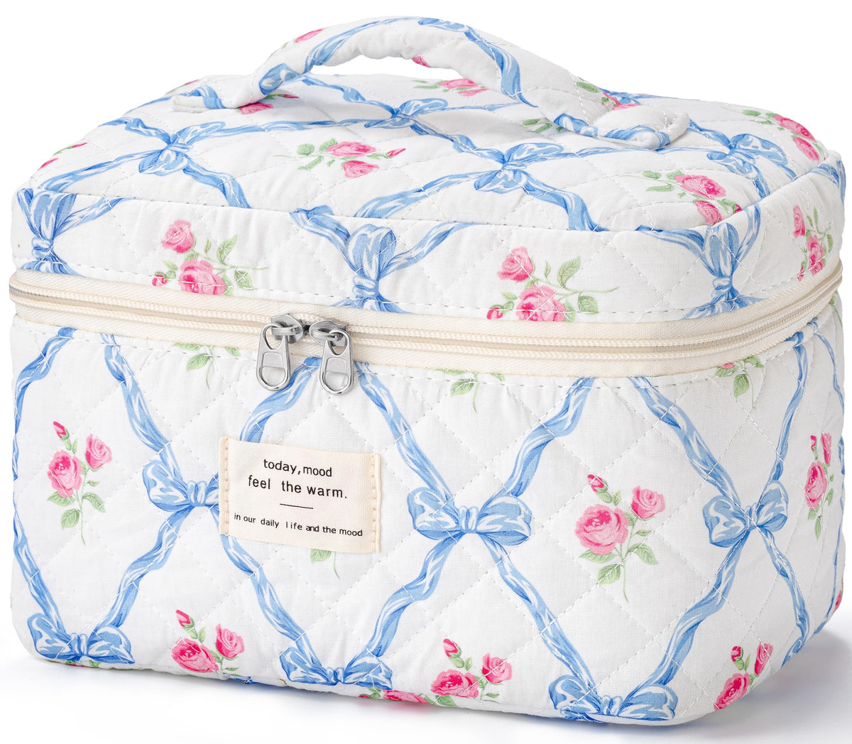 HBselect Large Quilted Makeup Bag for Women Cute Cotton Travel Cosmetic Bag
