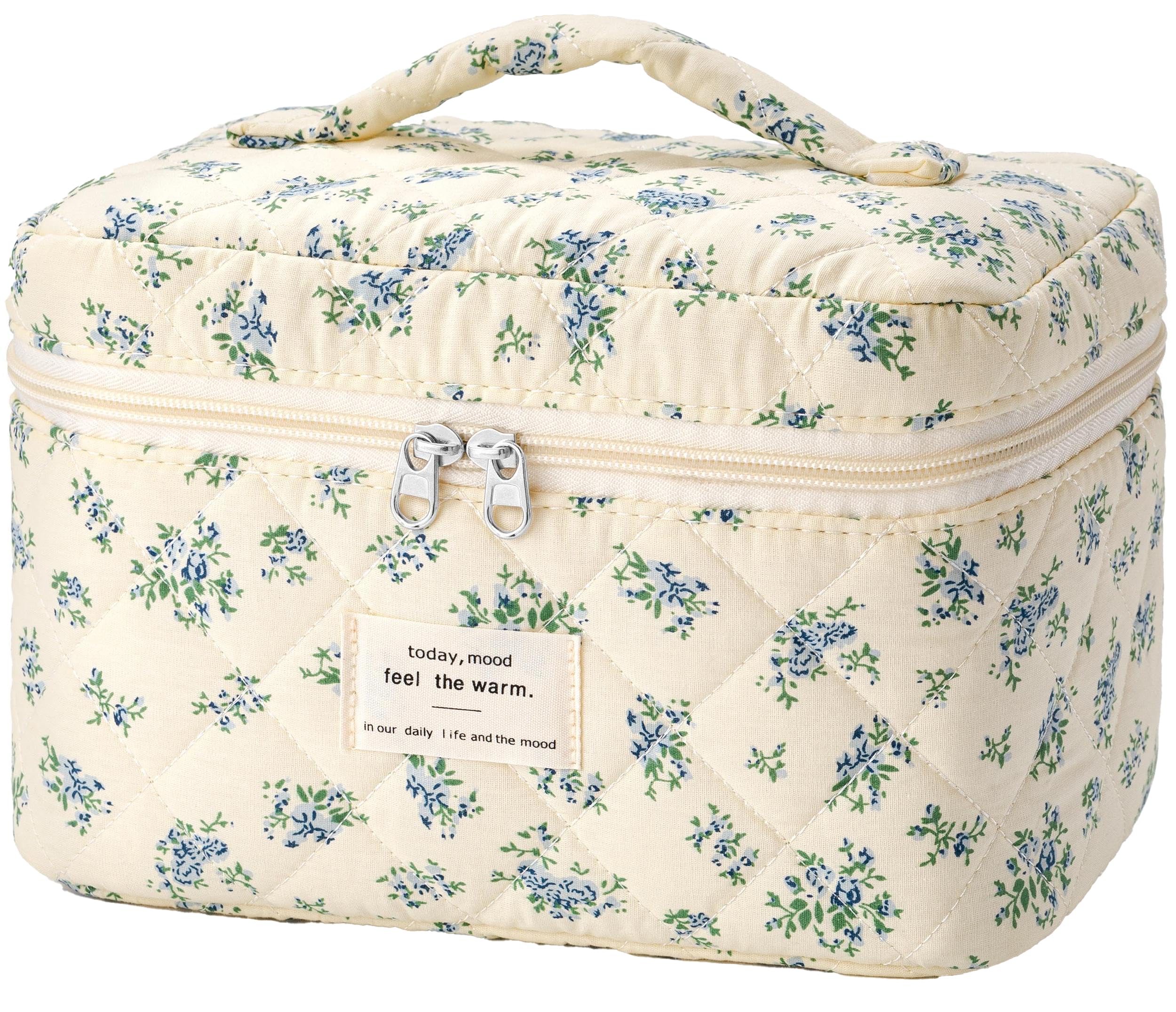 HBselect Large Quilted Makeup Bag for Women Cute Cotton Travel Cosmetic Bag