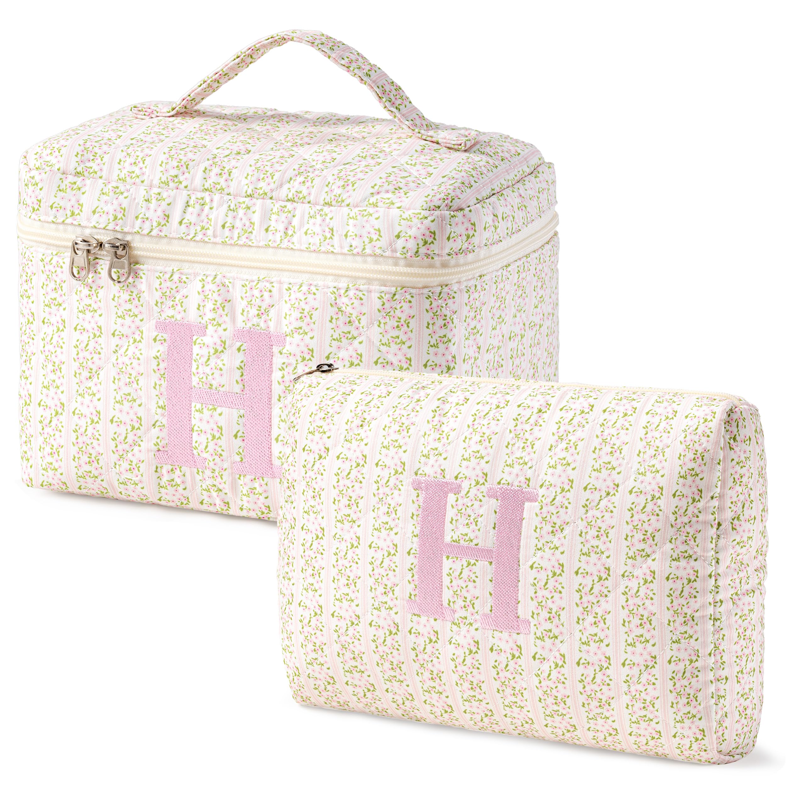HBselect Initial Makeup Bag for Women Personalized Quilted Cosmetic Bag