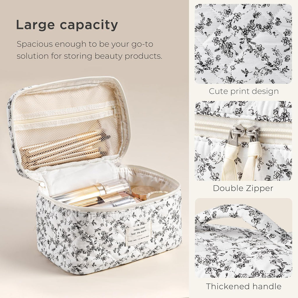 HBselect Large Quilted Makeup Bag for Women Cute Cotton Travel Cosmetic Bag