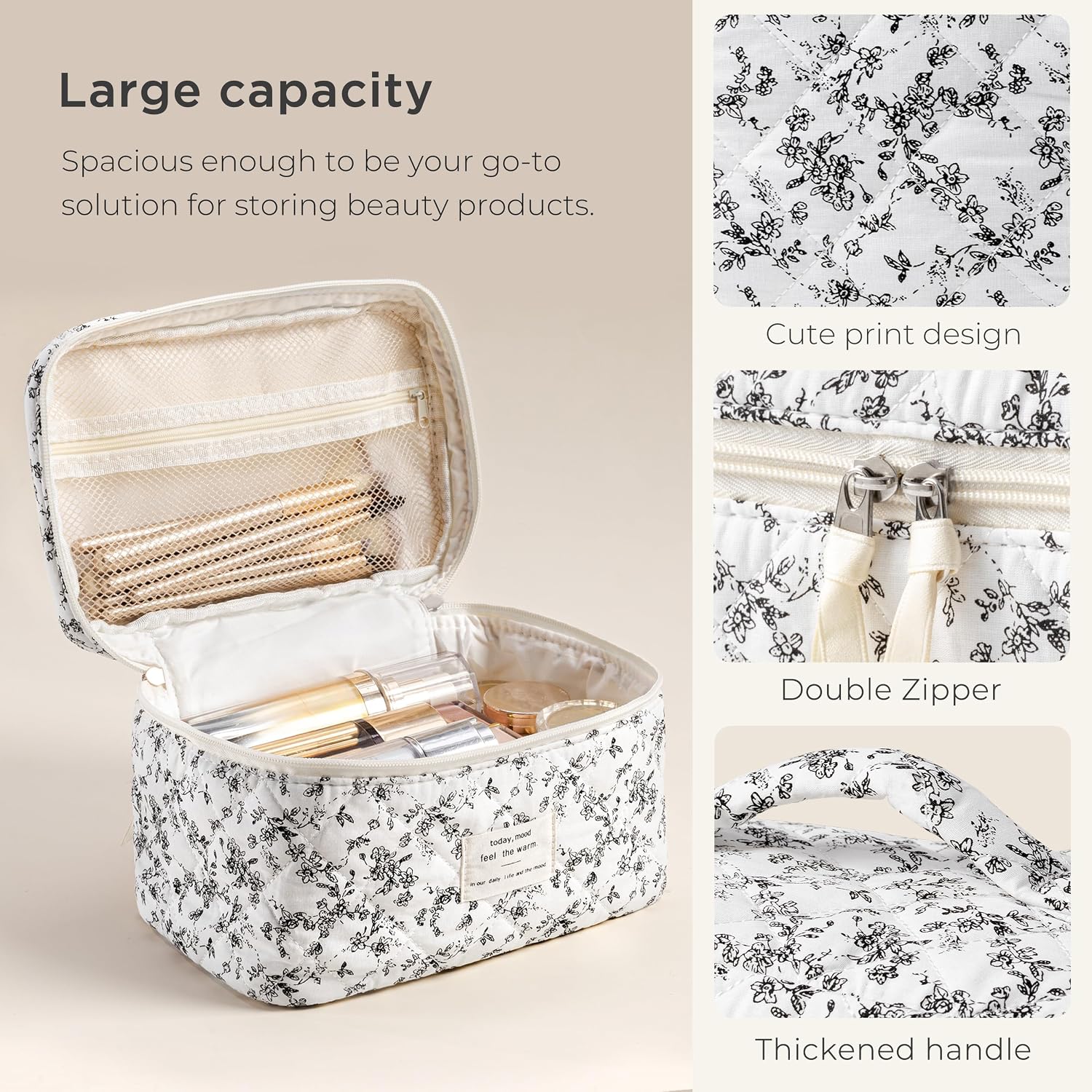HBselect Large Quilted Makeup Bag for Women Cute Cotton Travel Cosmetic Bag