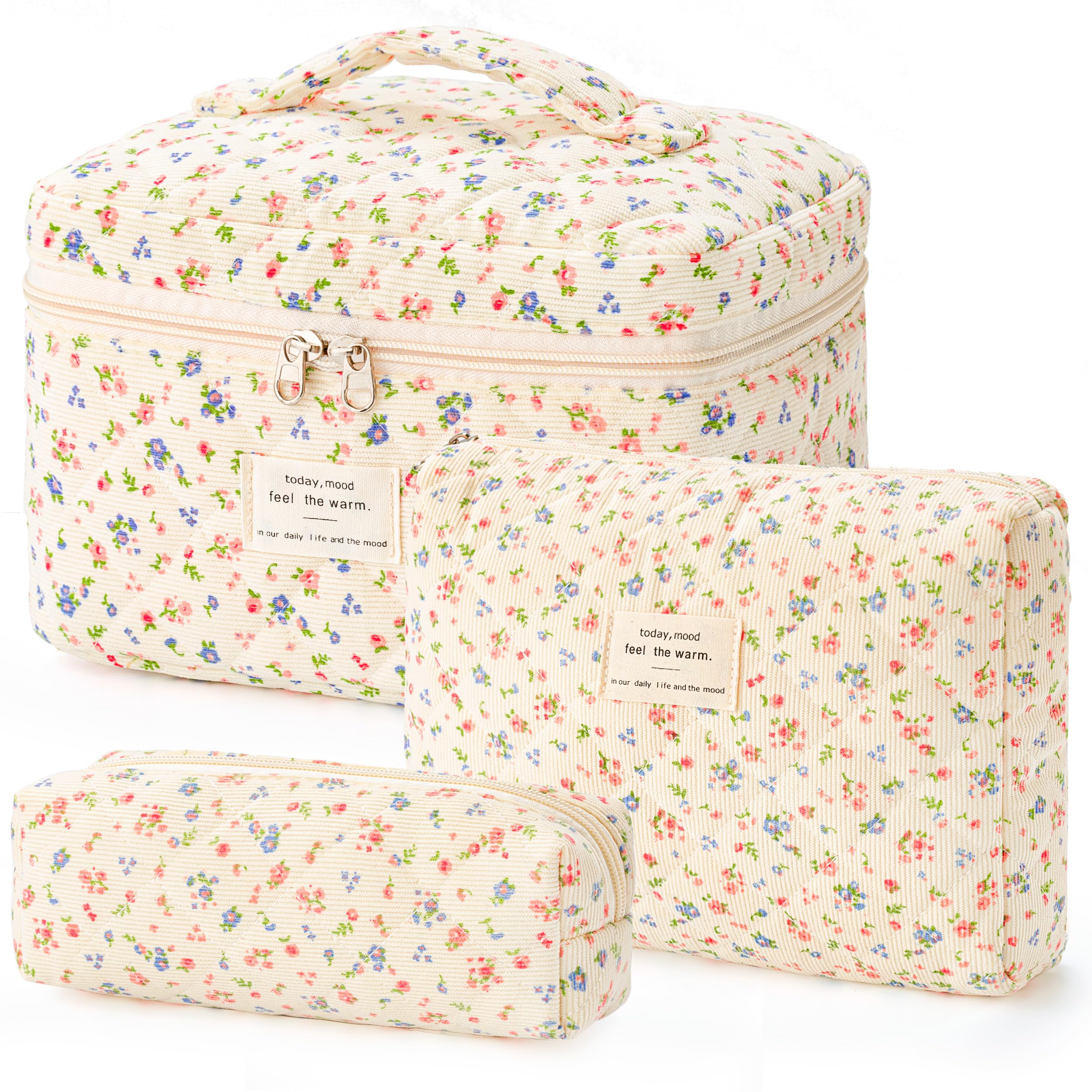 HBselect Quilted Makeup Bag, 3Pcs Cotton Large Travel Makeup Bags Organizer