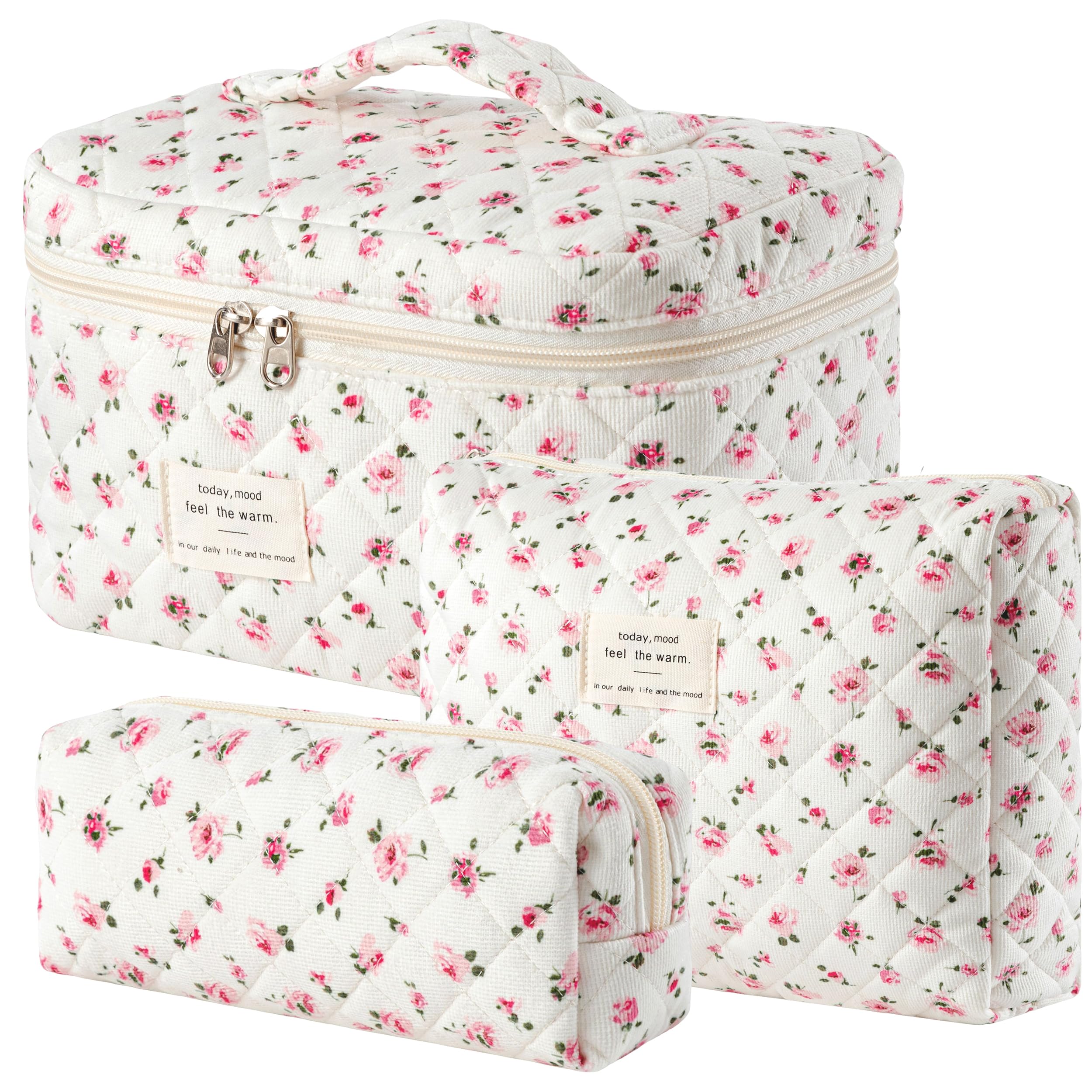 HBselect Quilted Makeup Bag, 3Pcs Cotton Large Travel Makeup Bags Organizer