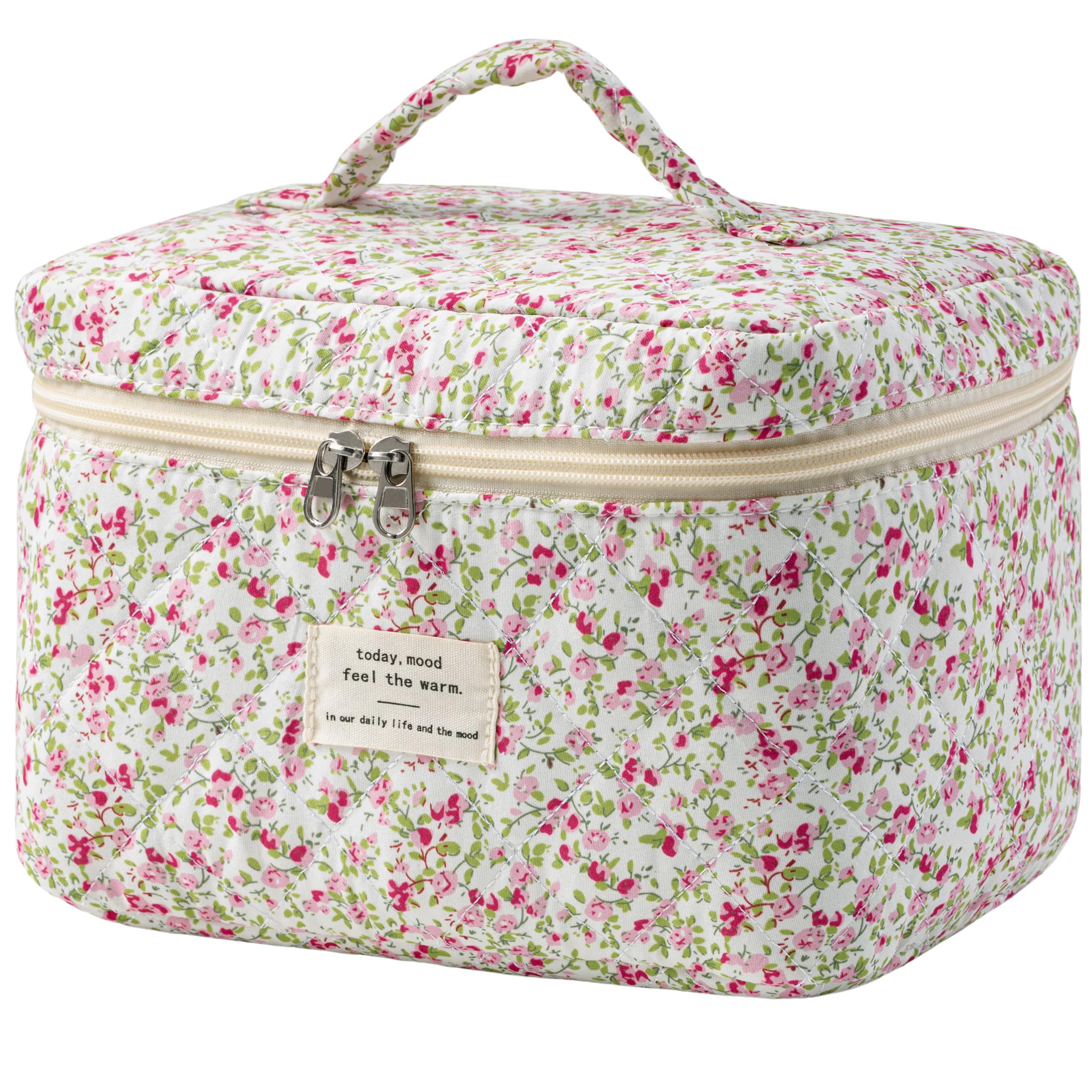 HBselect Large Quilted Makeup Bag for Women Cute Cotton Travel Cosmetic Bag