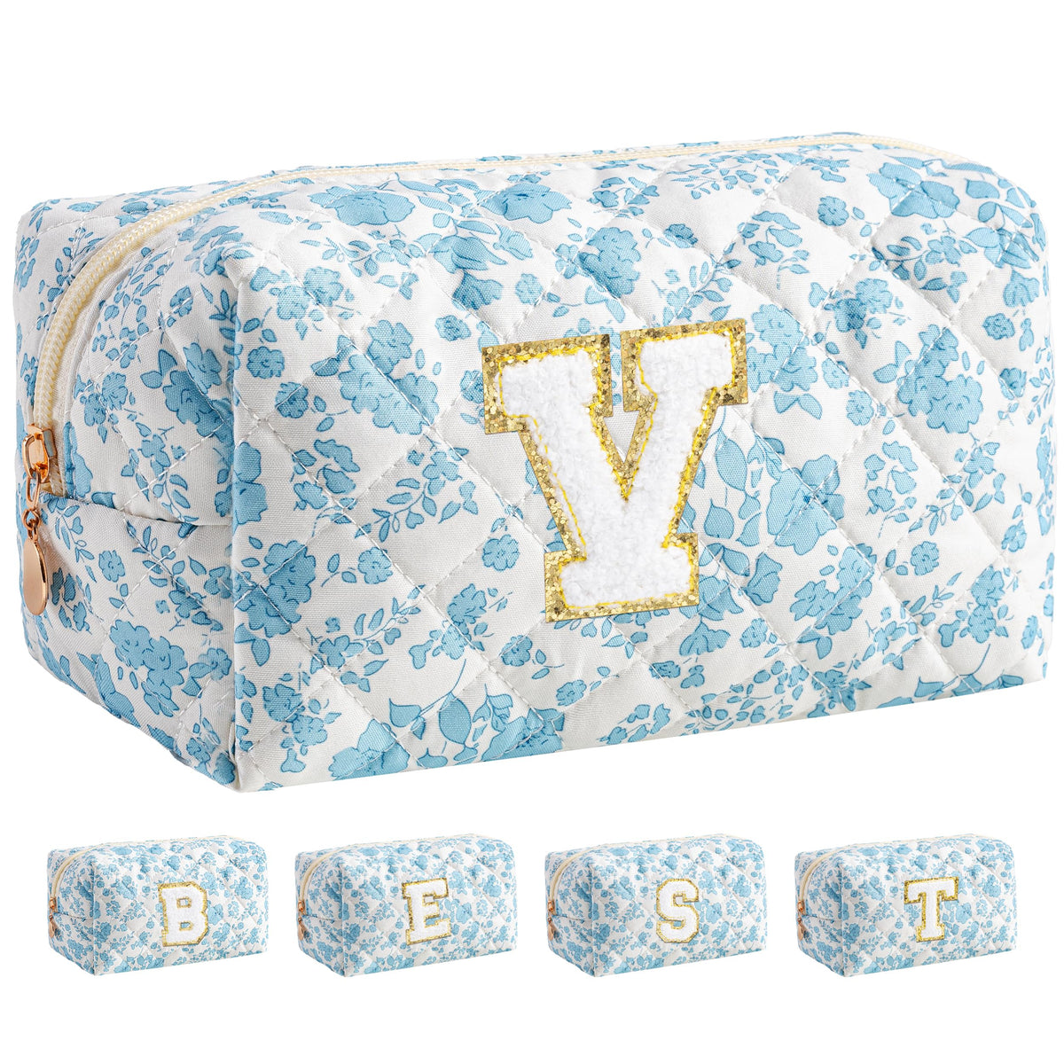 HBselect Personalized Makeup Bag for Women Initial Quilted Toiletry Bag