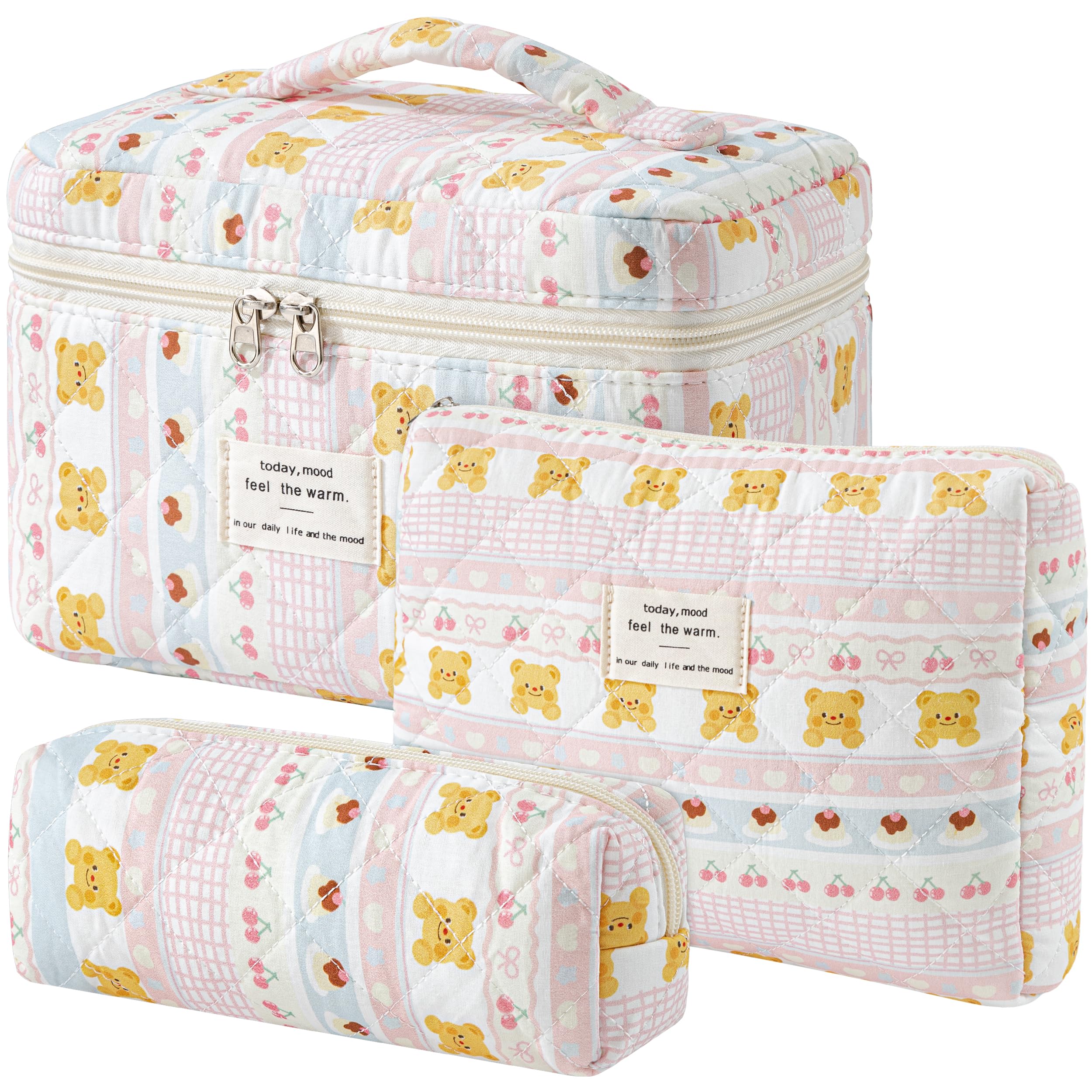 HBselect Quilted Makeup Bag, 3Pcs Cotton Large Travel Makeup Bags Organizer