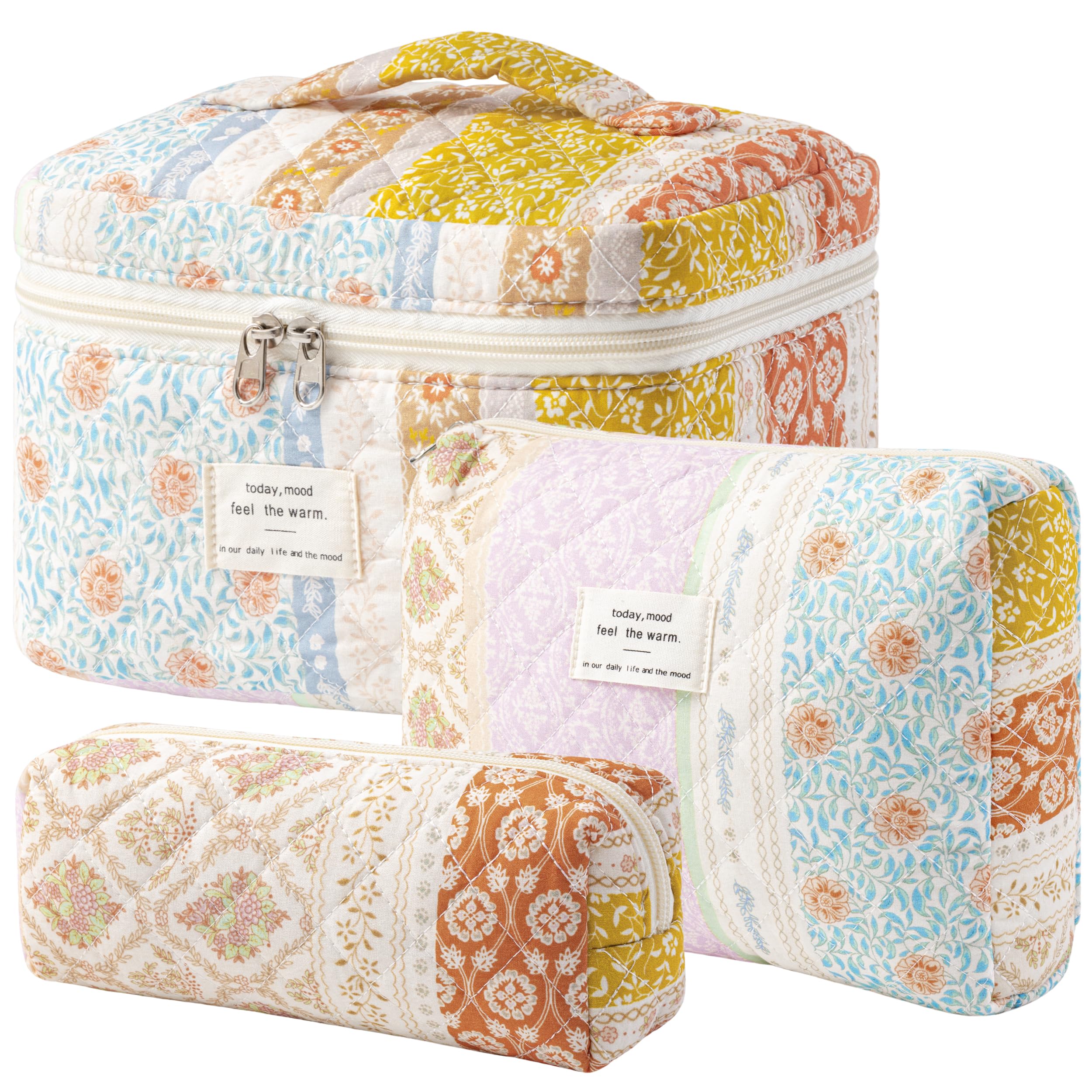 HBselect Quilted Makeup Bag, 3Pcs Cotton Large Travel Makeup Bags Organizer