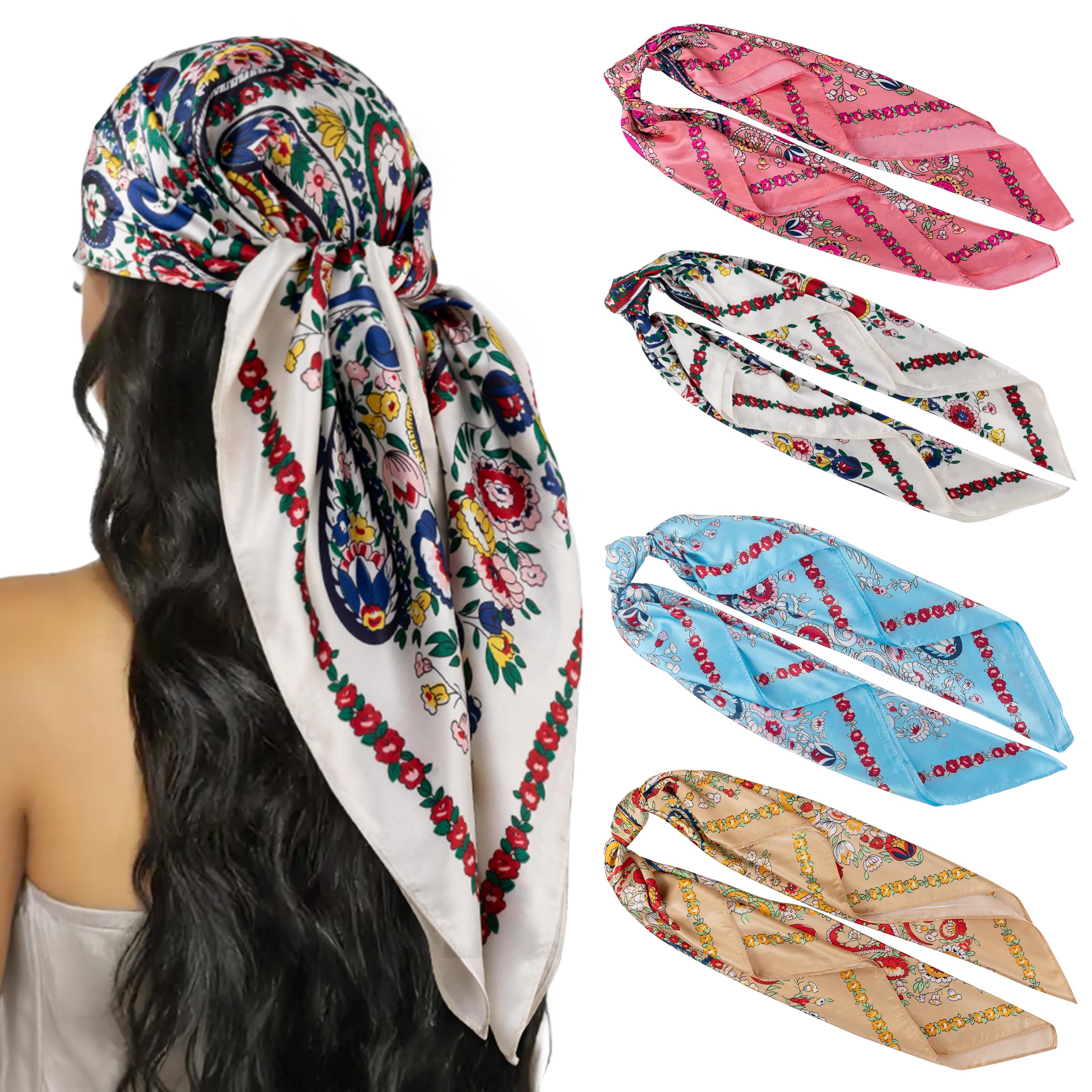 HBselect 4PCS Head Scarf for Women 35” Silk Feel Hair Scarf