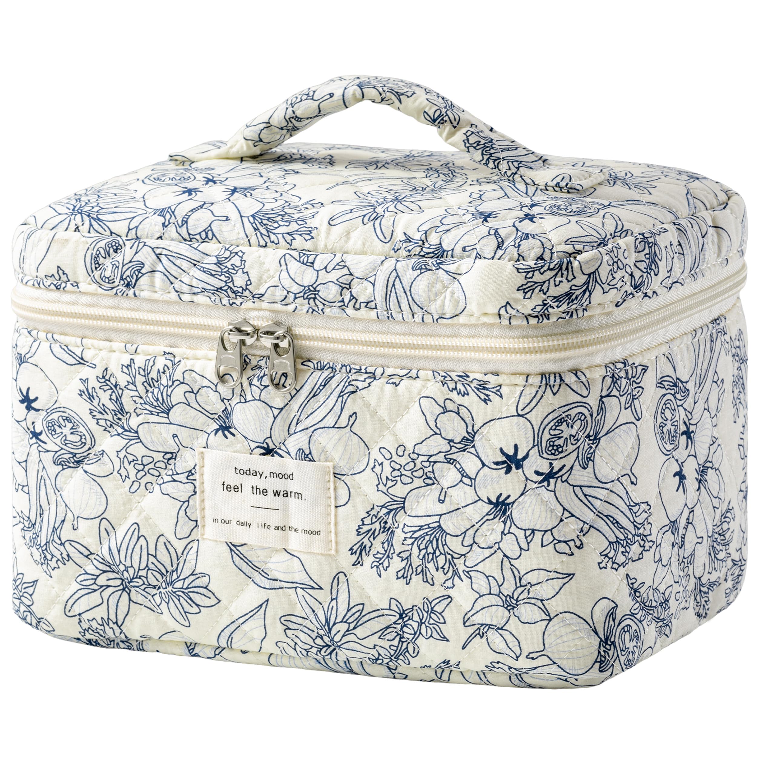 HBselect Large Quilted Makeup Bag for Women Cute Cotton Travel Cosmetic Bag