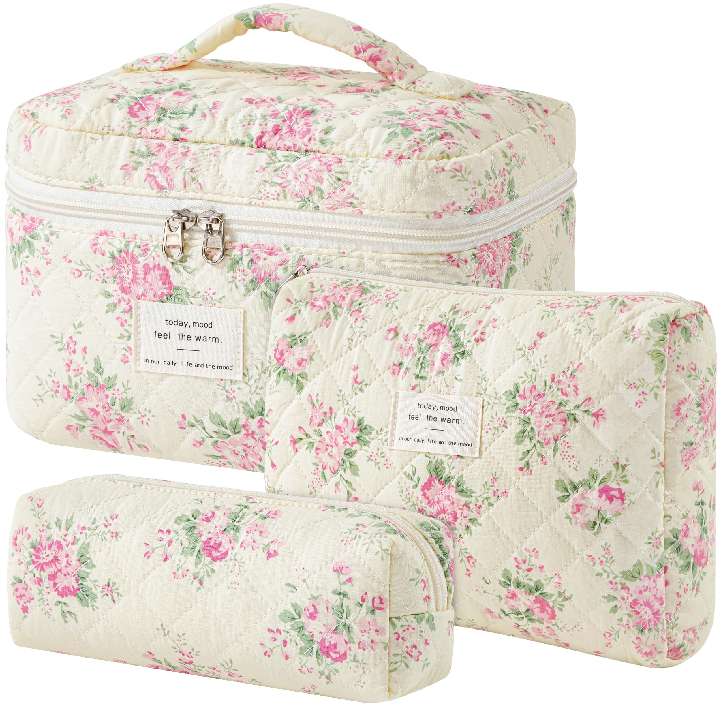 HBselect Quilted Makeup Bag, 3Pcs Cotton Large Travel Makeup Bags Organizer