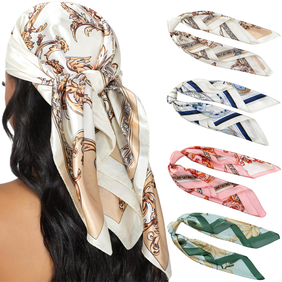 HBselect 4PCS Head Scarf for Women 35” Silk Feel Hair Scarf