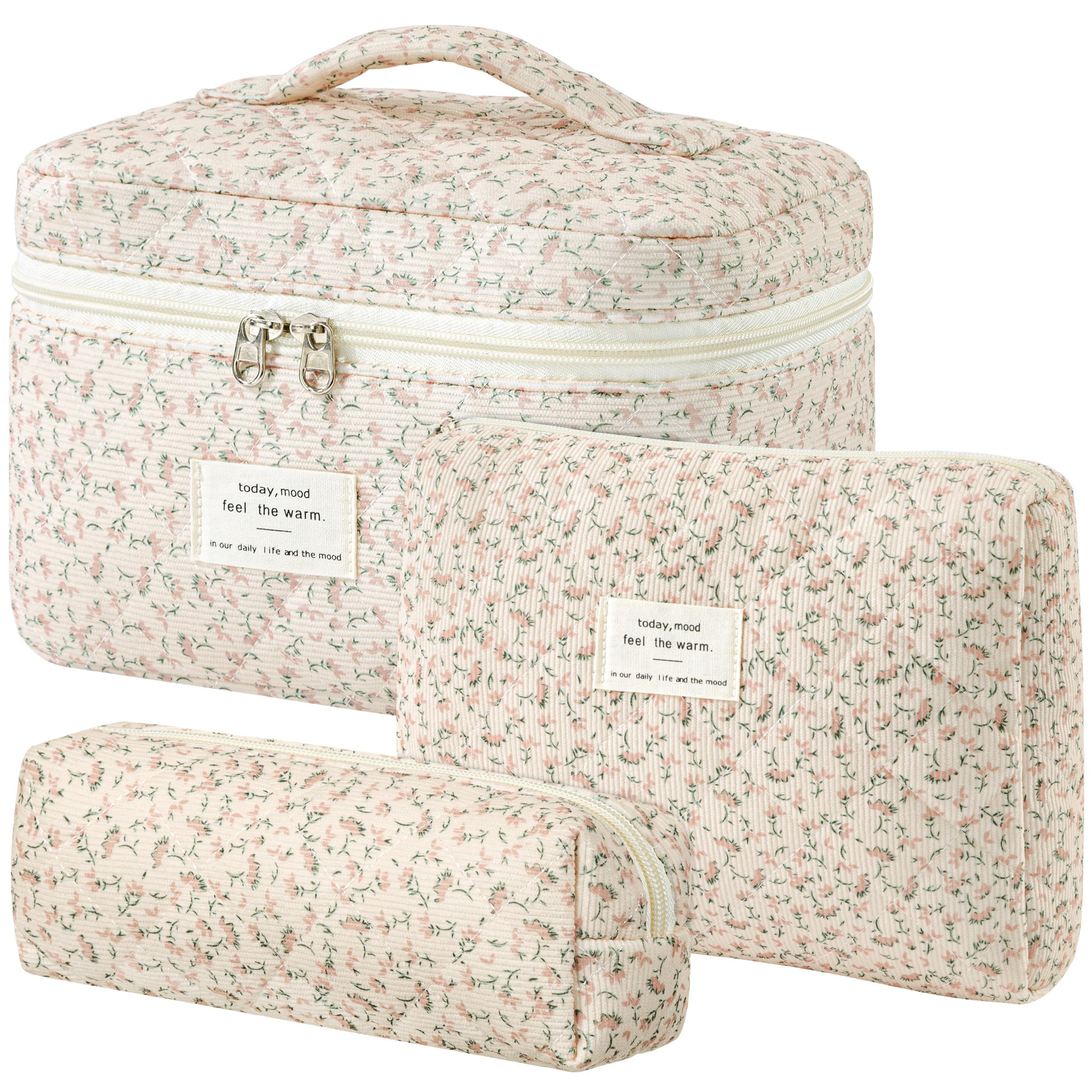 HBselect Quilted Makeup Bag, 3Pcs Cotton Large Travel Makeup Bags Organizer