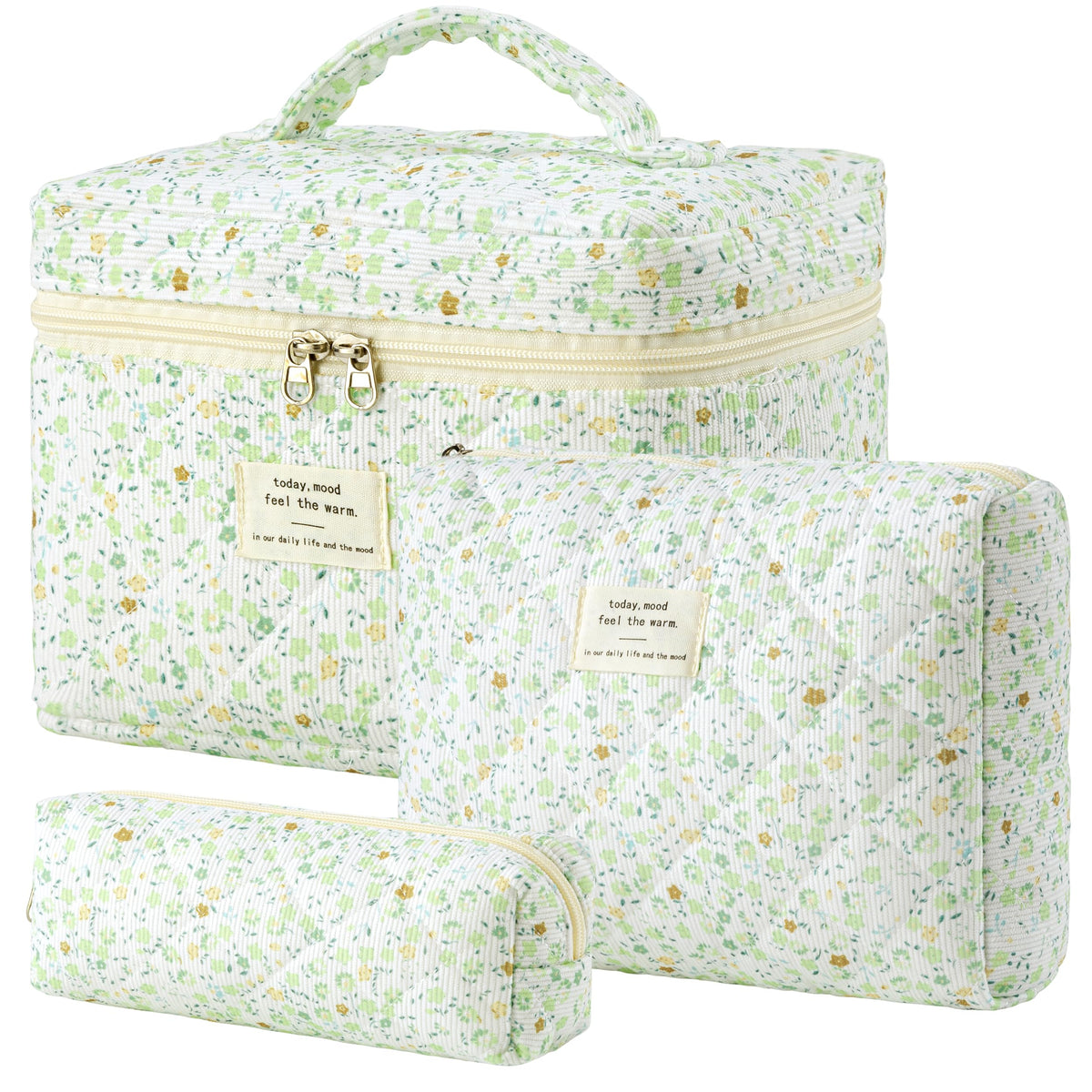 HBselect Quilted Makeup Bag, 3Pcs Cotton Large Travel Makeup Bags Organizer