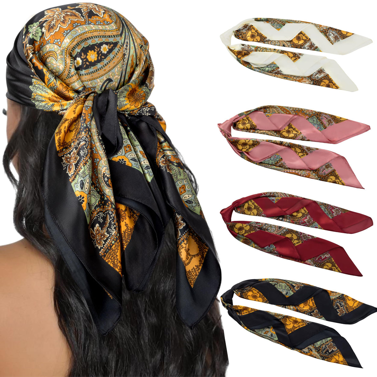 HBselect 4PCS Head Scarf for Women 35” Silk Feel Hair Scarf