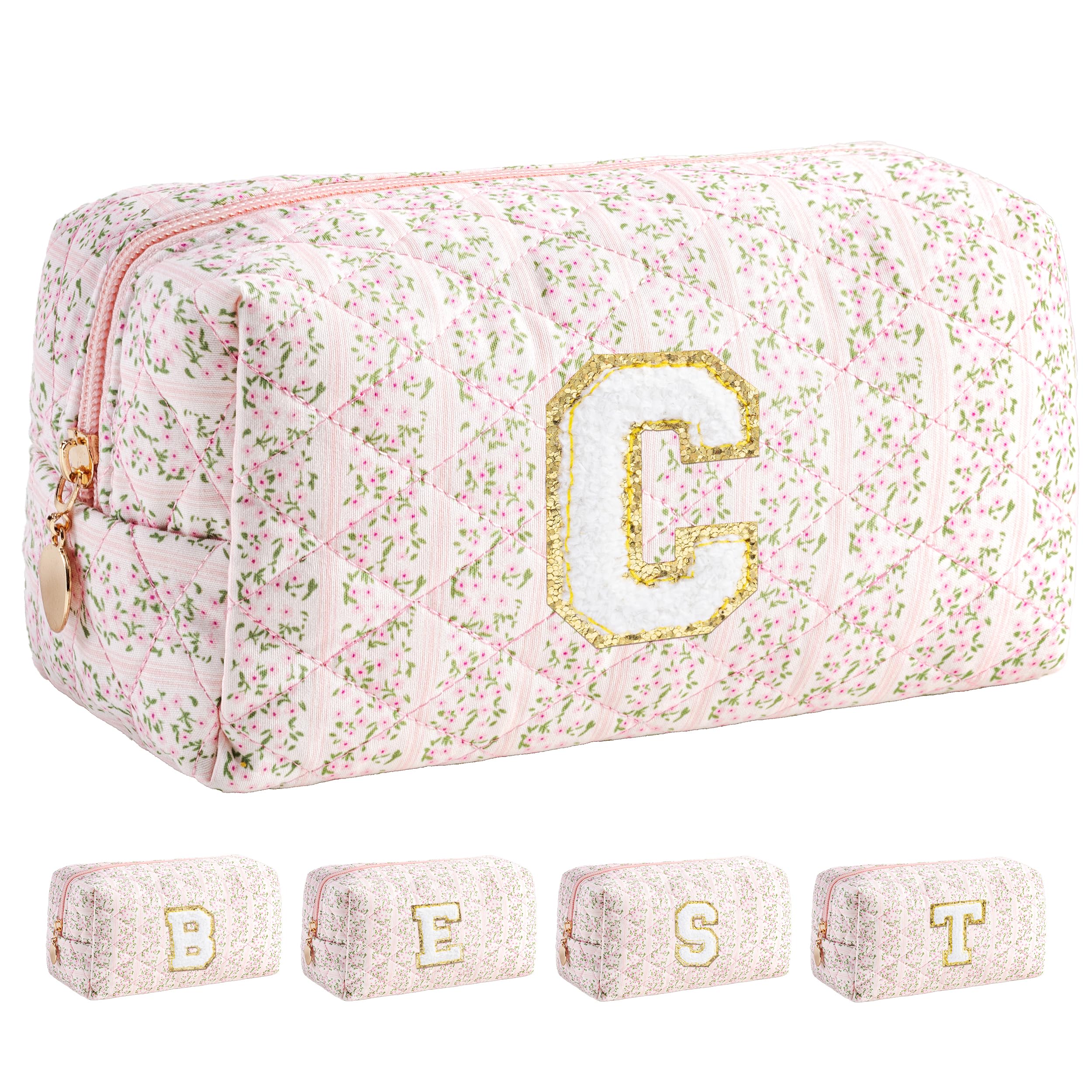 HBselect Personalized Makeup Bag for Women Initial Quilted Toiletry Bag