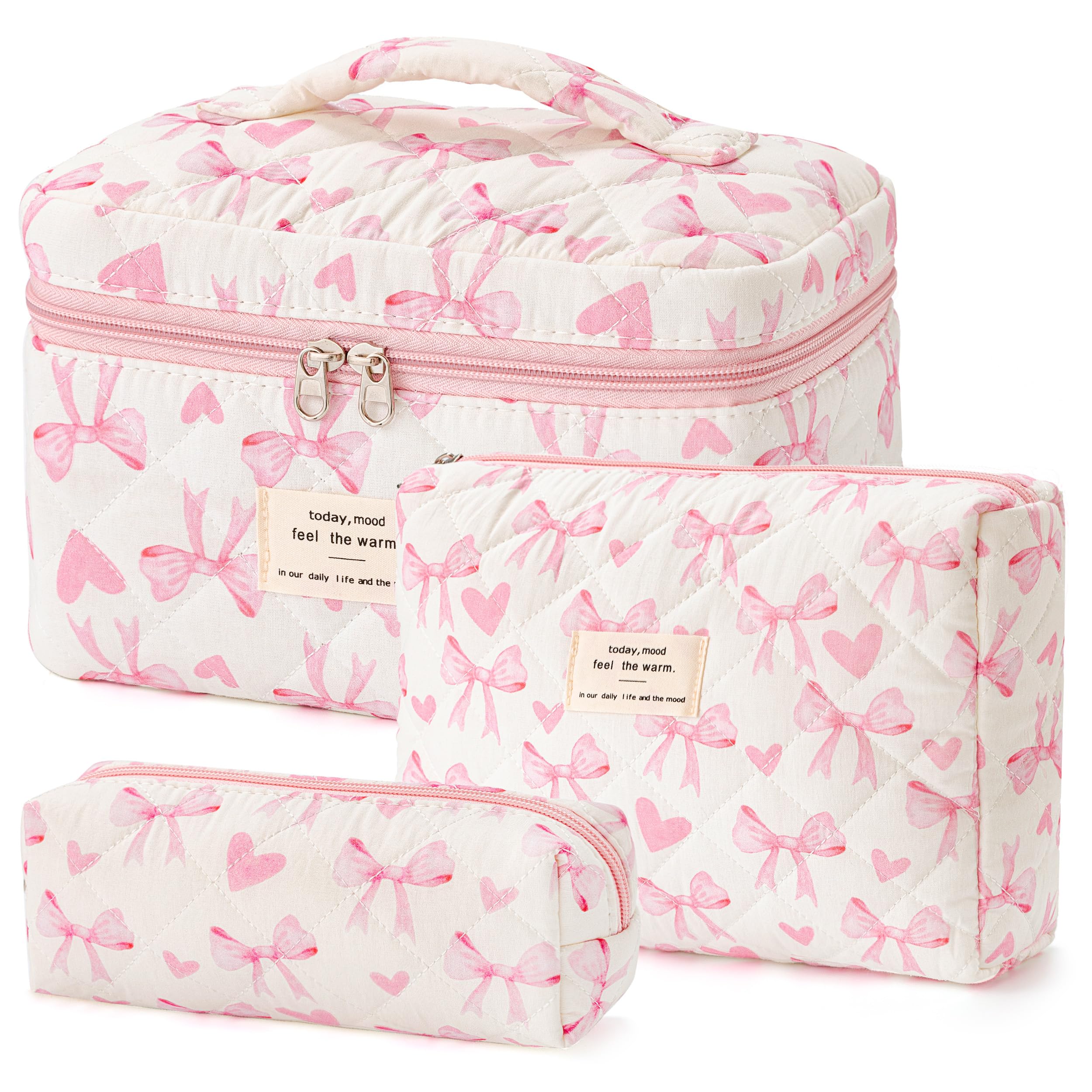 HBselect Quilted Makeup Bag, 3Pcs Cotton Large Travel Makeup Bags Organizer
