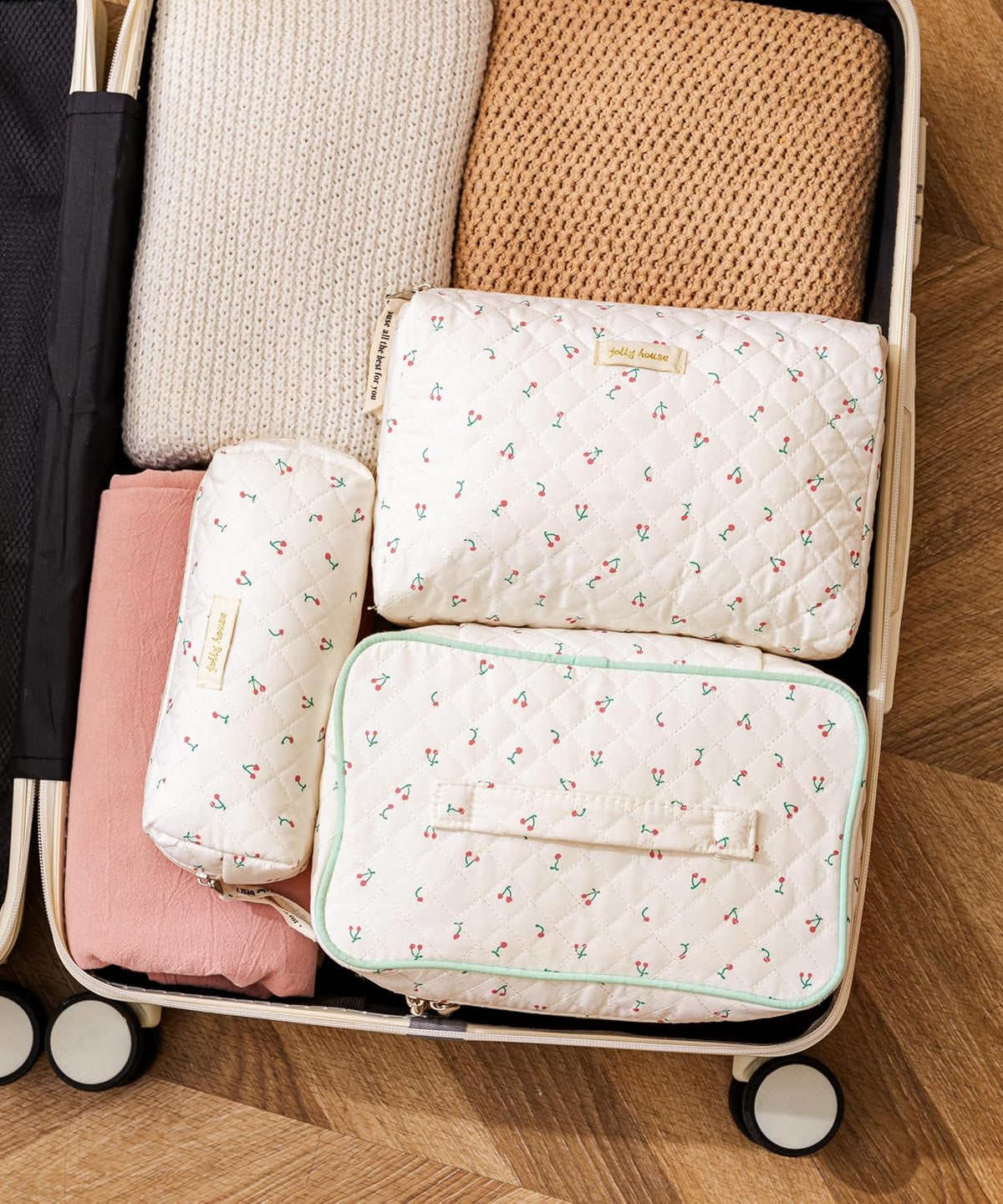 HBselect Quilted Makeup Bag, 3Pcs Cotton Large Travel Makeup Bags Organizer