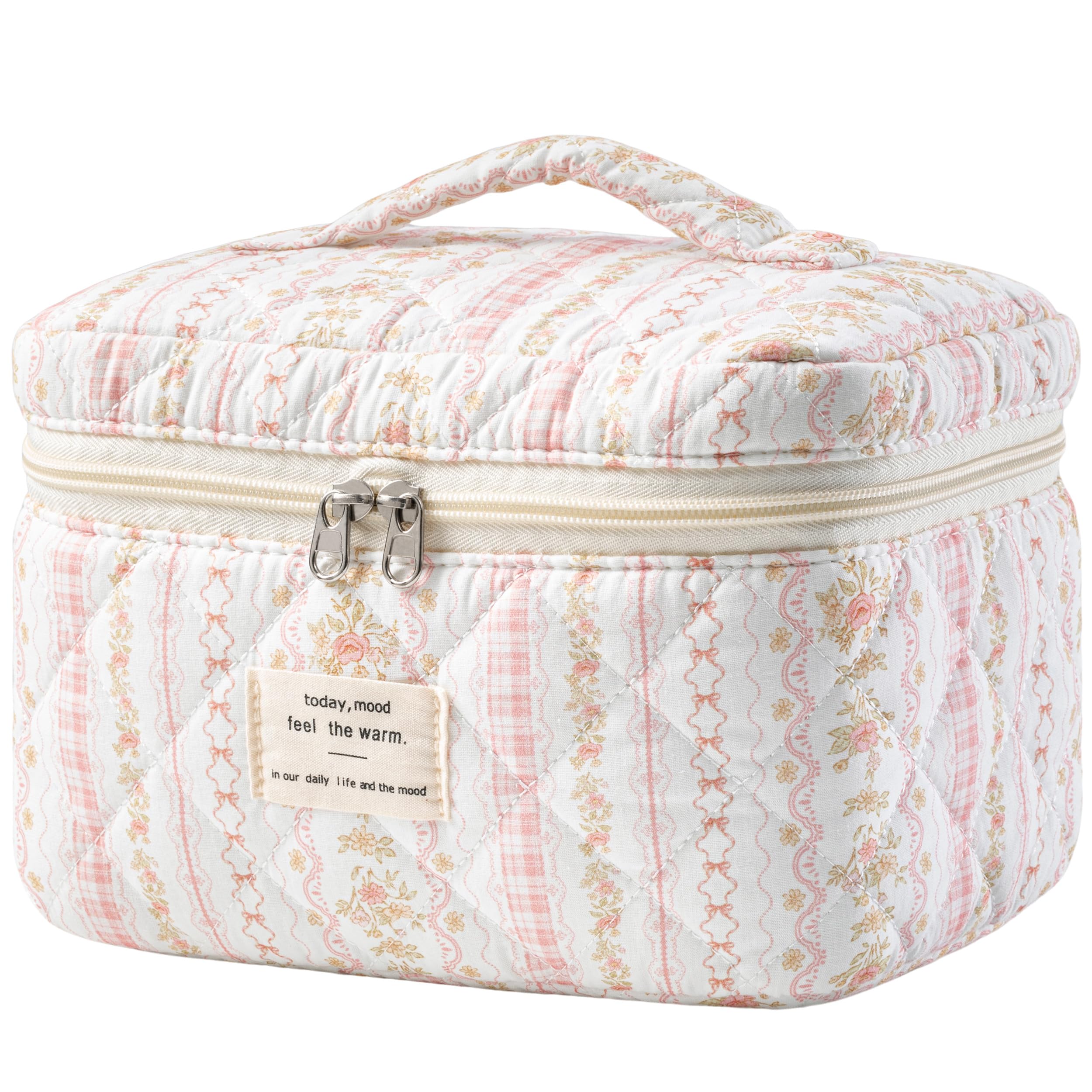 HBselect Large Quilted Makeup Bag for Women Cute Cotton Travel Cosmetic Bag