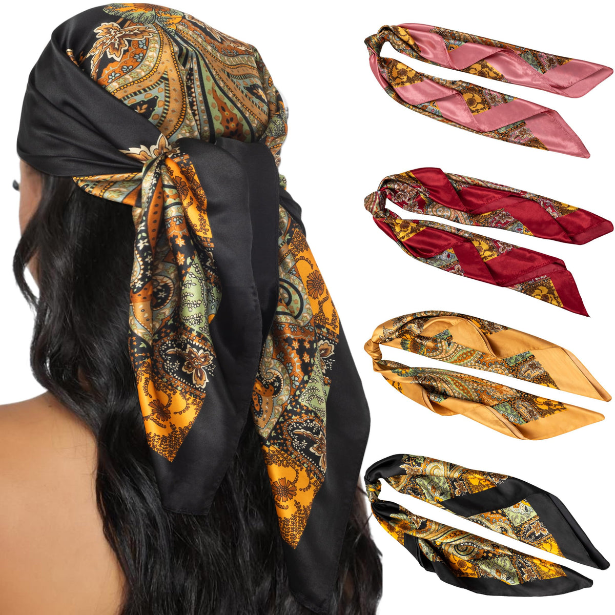 HBselect 4PCS Head Scarf for Women 35” Silk Feel Hair Scarf