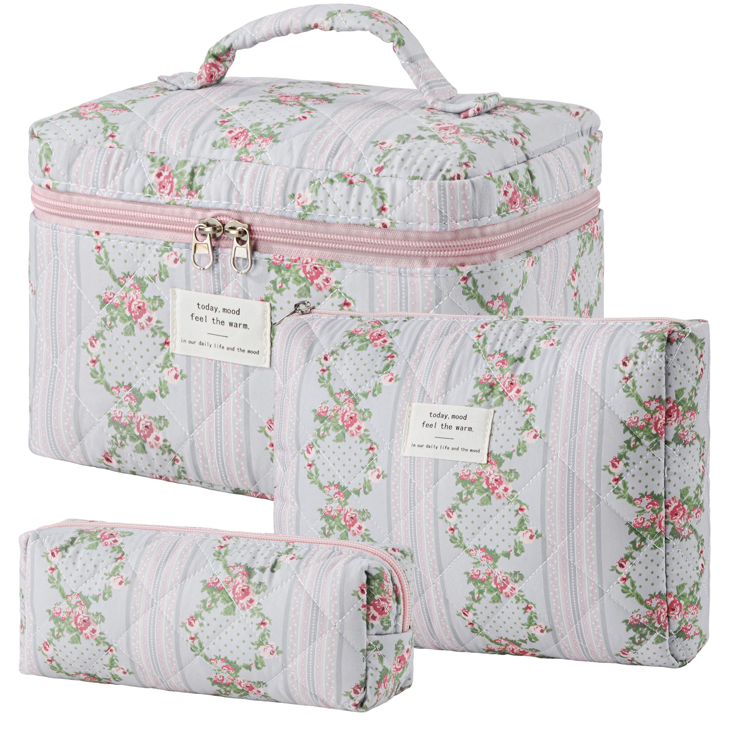HBselect Quilted Makeup Bag, 3Pcs Cotton Large Travel Makeup Bags Organizer