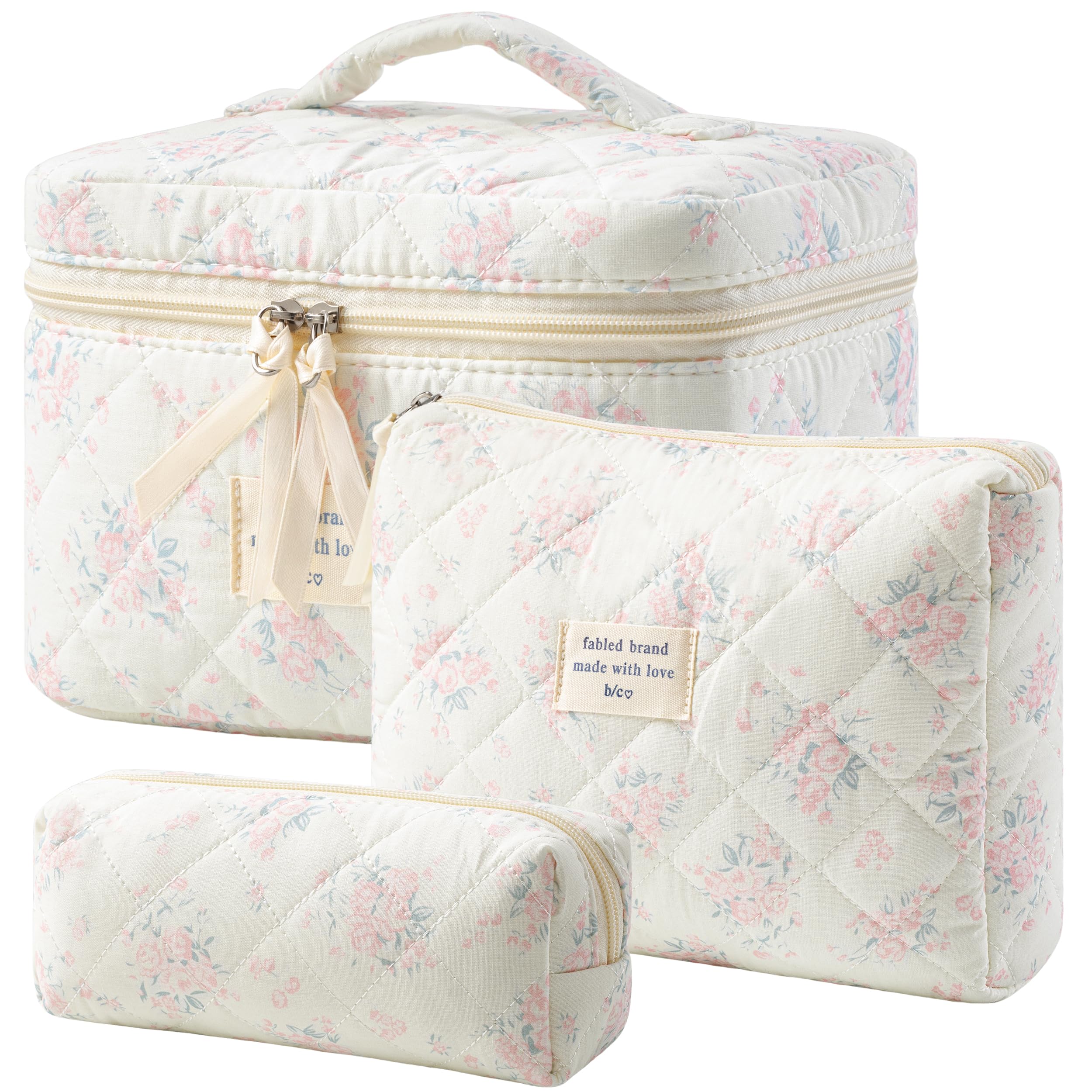 HBselect Quilted Makeup Bag, 3Pcs Cotton Large Travel Makeup Bags Organizer