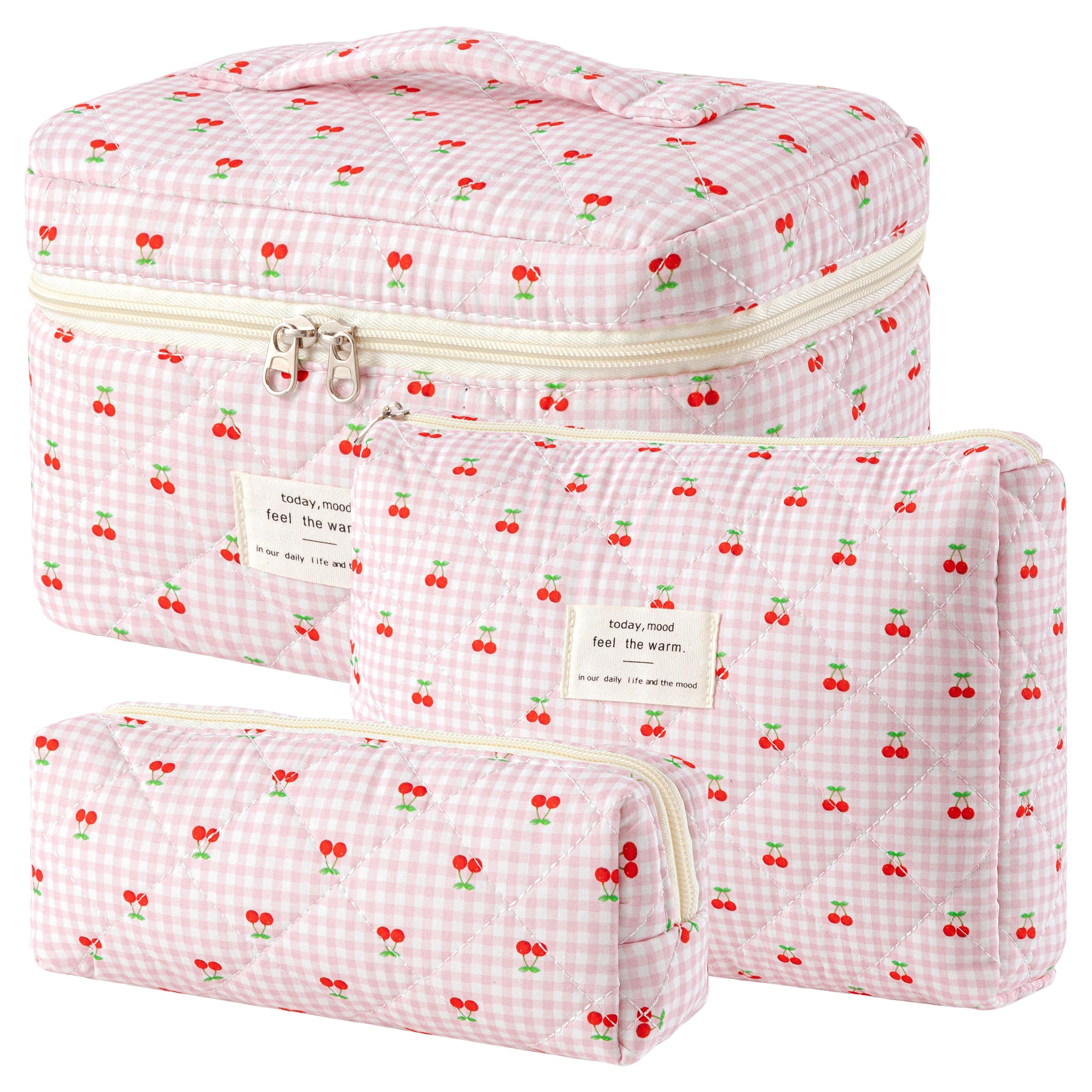 HBselect Quilted Makeup Bag, 3Pcs Cotton Large Travel Makeup Bags Organizer
