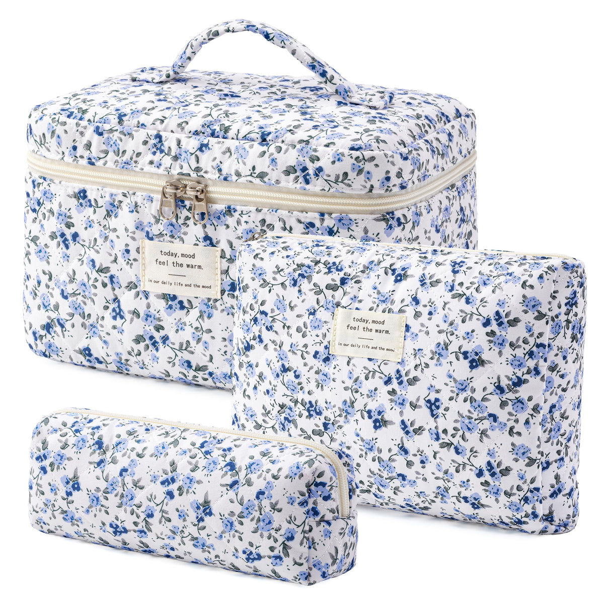 HBselect Quilted Makeup Bag, 3Pcs Cotton Large Travel Makeup Bags Organizer
