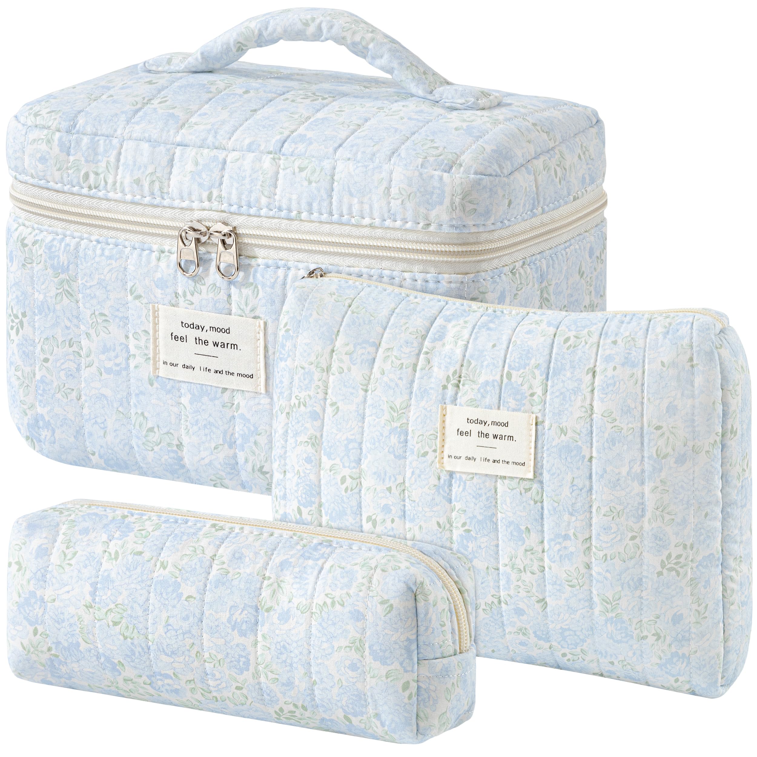 HBselect Quilted Makeup Bag, 3Pcs Cotton Large Travel Makeup Bags Organizer