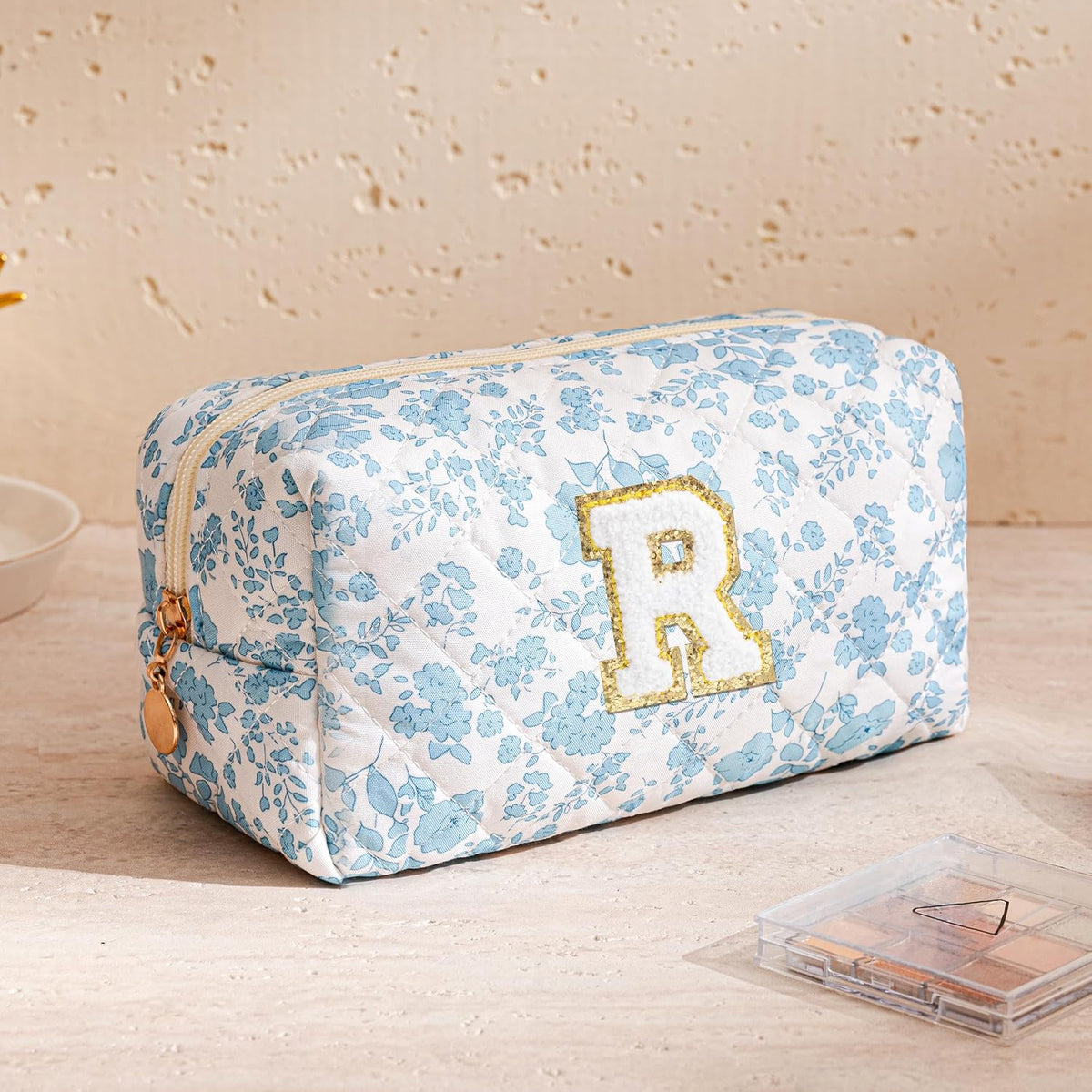 HBselect Personalized Makeup Bag for Women Initial Quilted Toiletry Bag