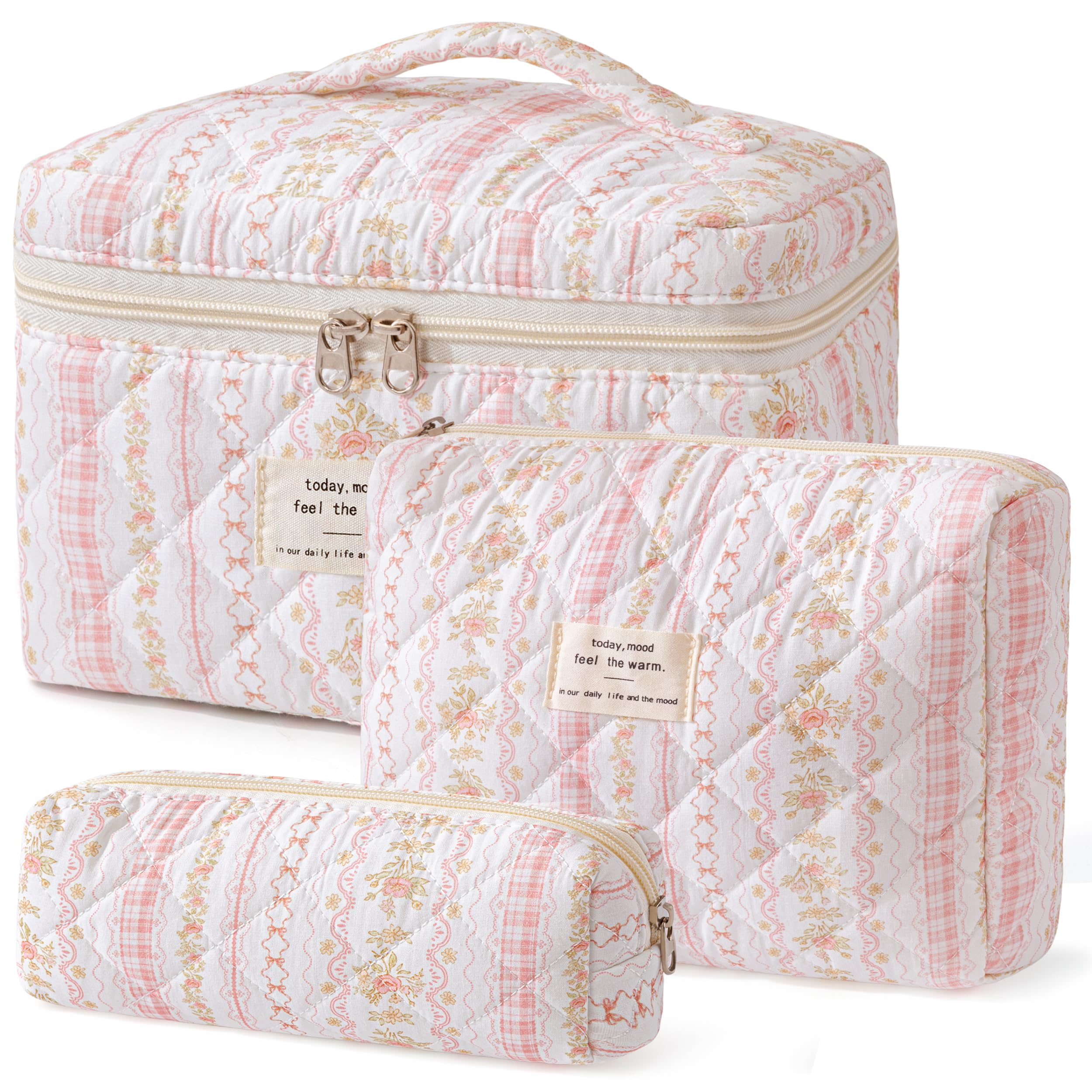 HBselect Quilted Makeup Bag, 3Pcs Cotton Large Travel Makeup Bags Organizer