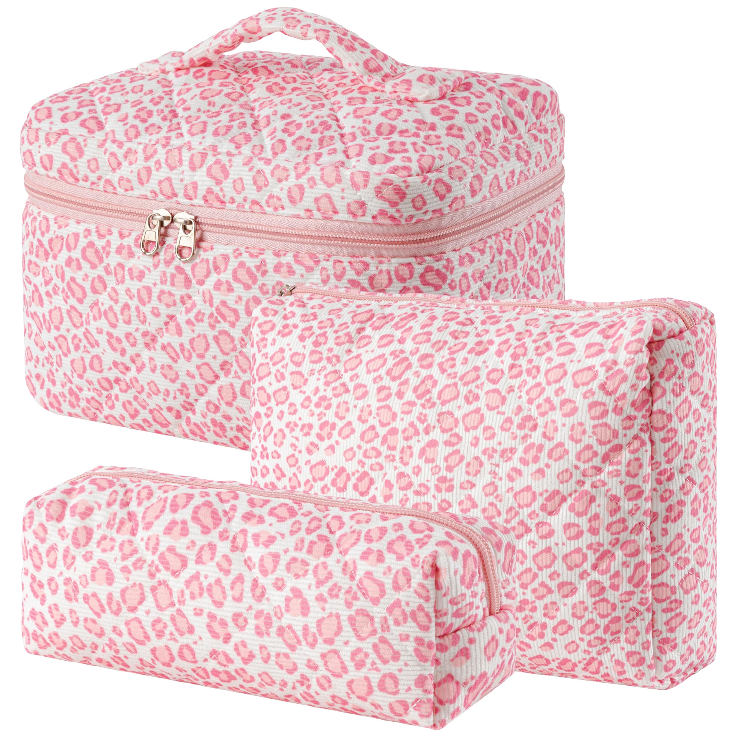 HBselect Quilted Makeup Bag, 3Pcs Cotton Large Travel Makeup Bags Organizer