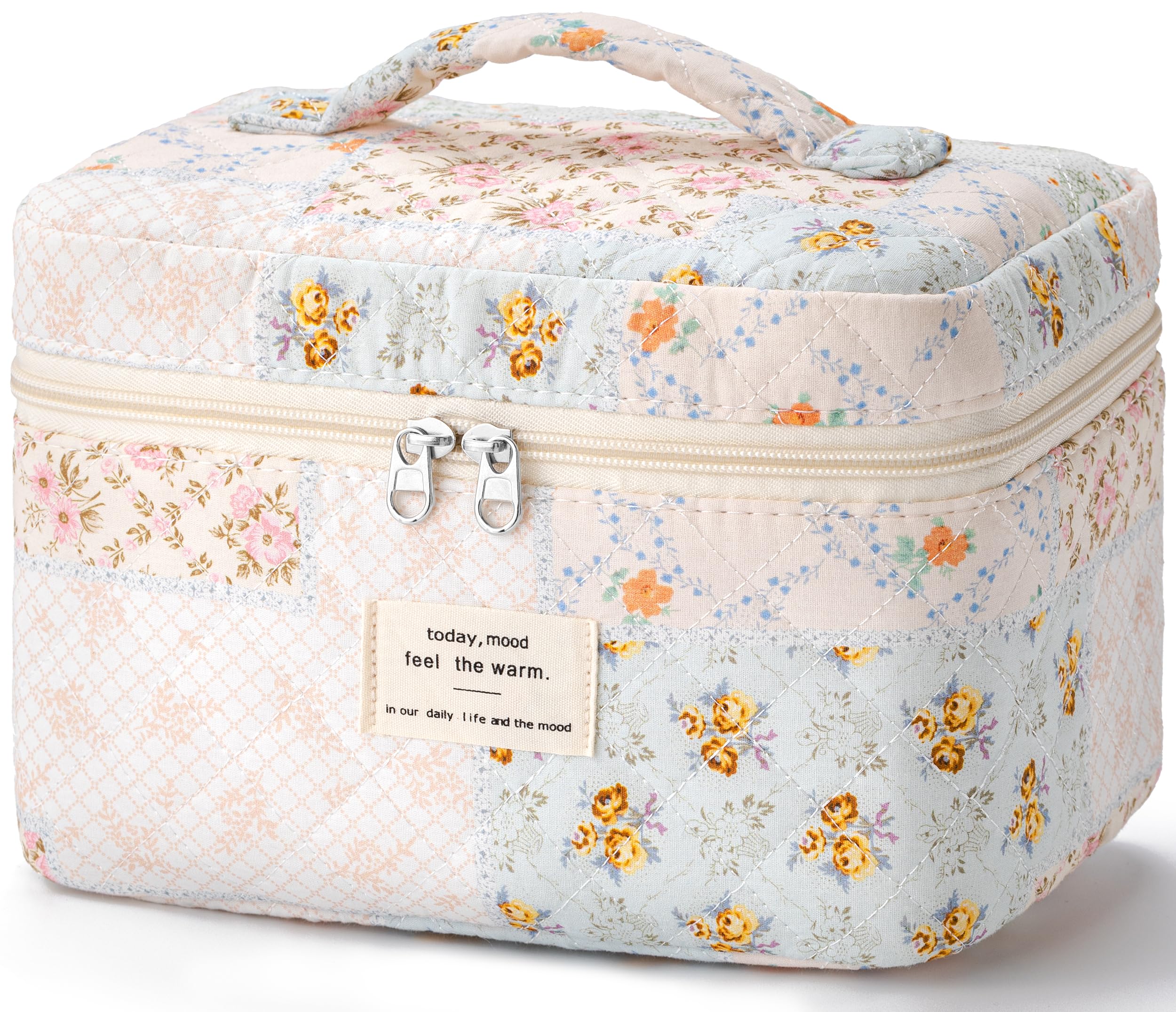 HBselect Large Quilted Makeup Bag for Women Cute Cotton Travel Cosmetic Bag