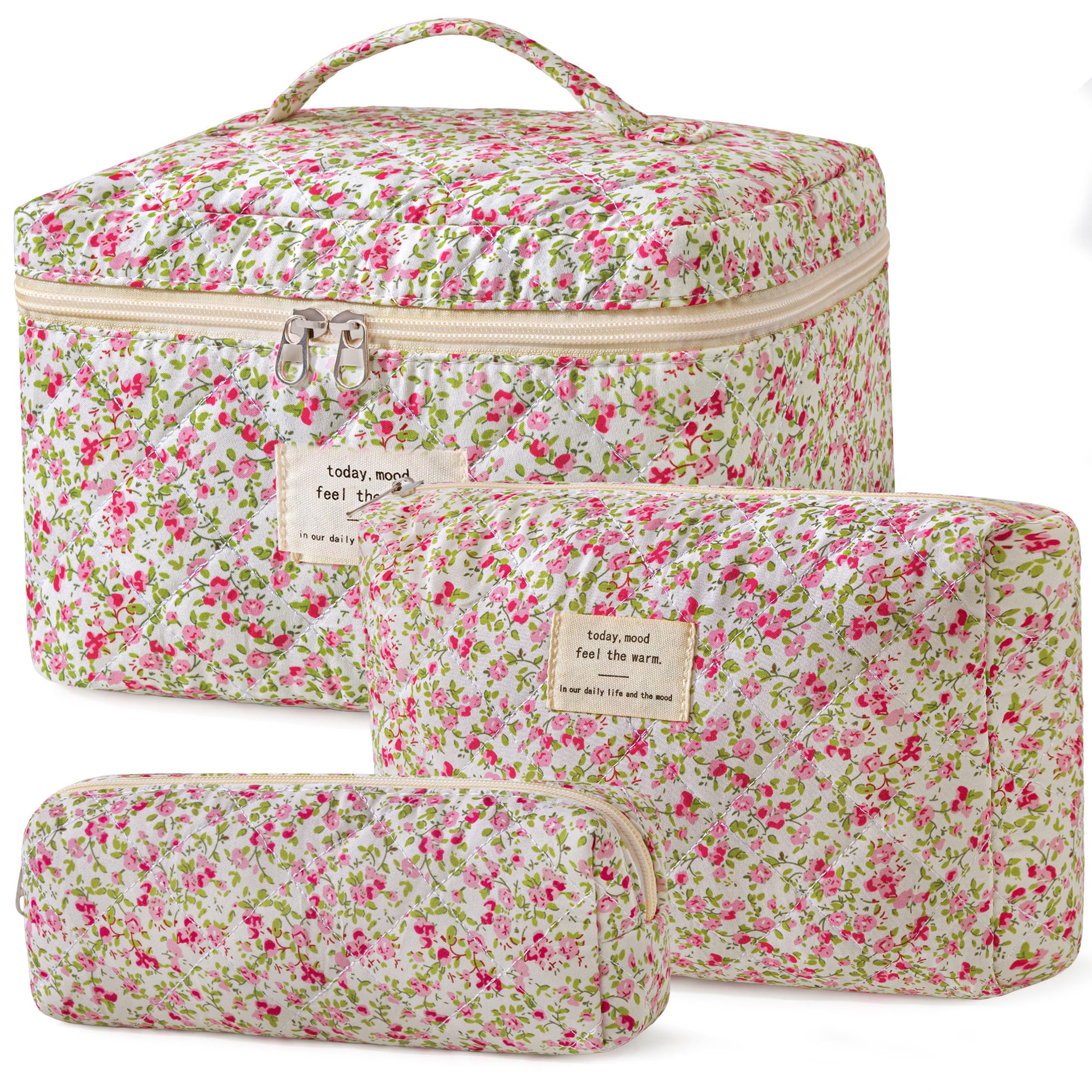 HBselect Quilted Makeup Bag, 3Pcs Cotton Large Travel Makeup Bags Organizer