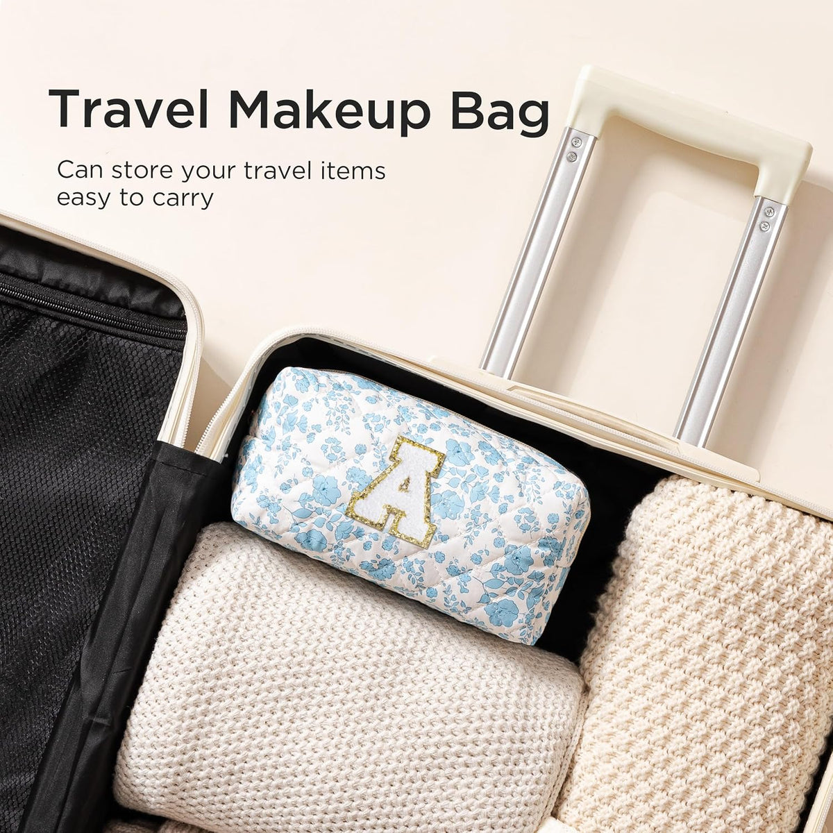 HBselect Personalized Makeup Bag for Women Initial Quilted Toiletry Bag