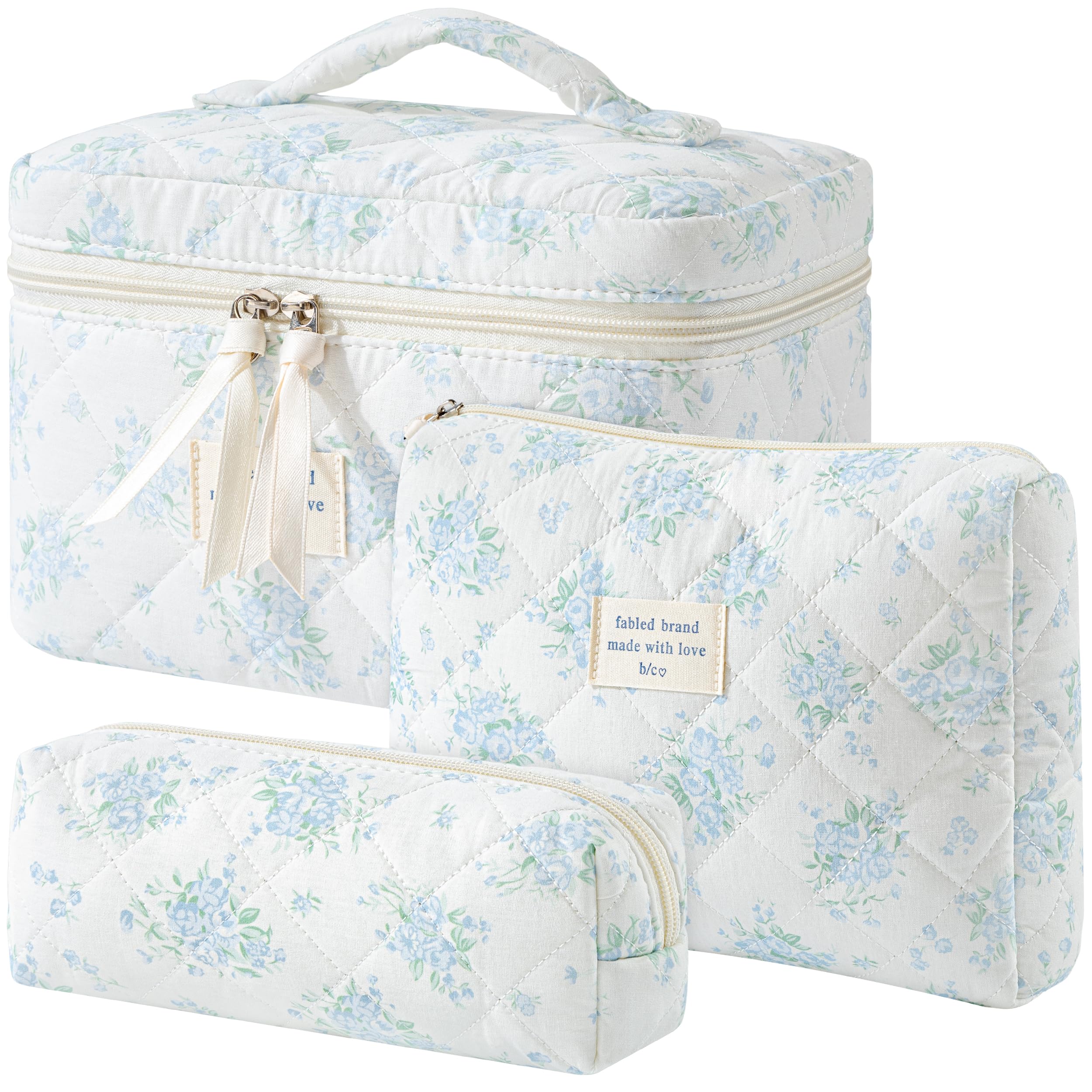 HBselect Quilted Makeup Bag, 3Pcs Cotton Large Travel Makeup Bags Organizer