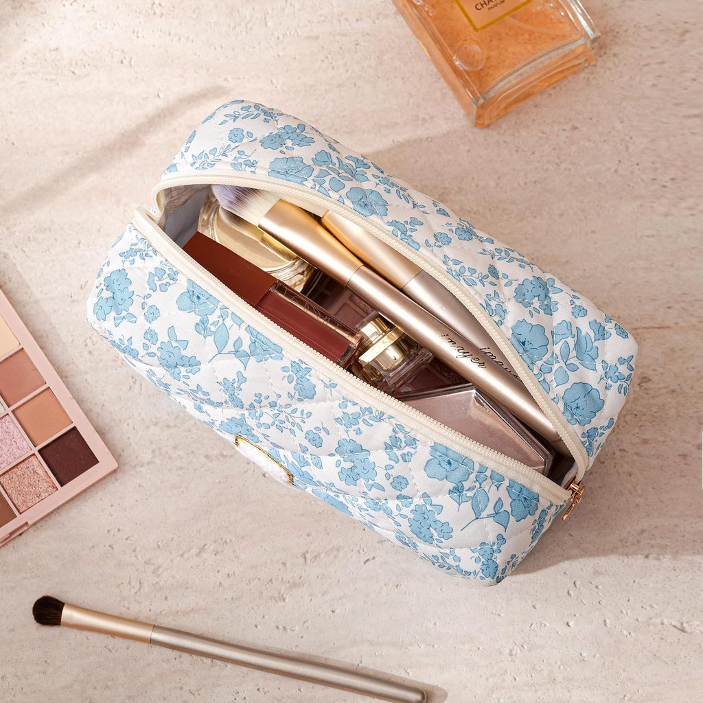 HBselect Personalized Makeup Bag for Women Initial Quilted Toiletry Bag